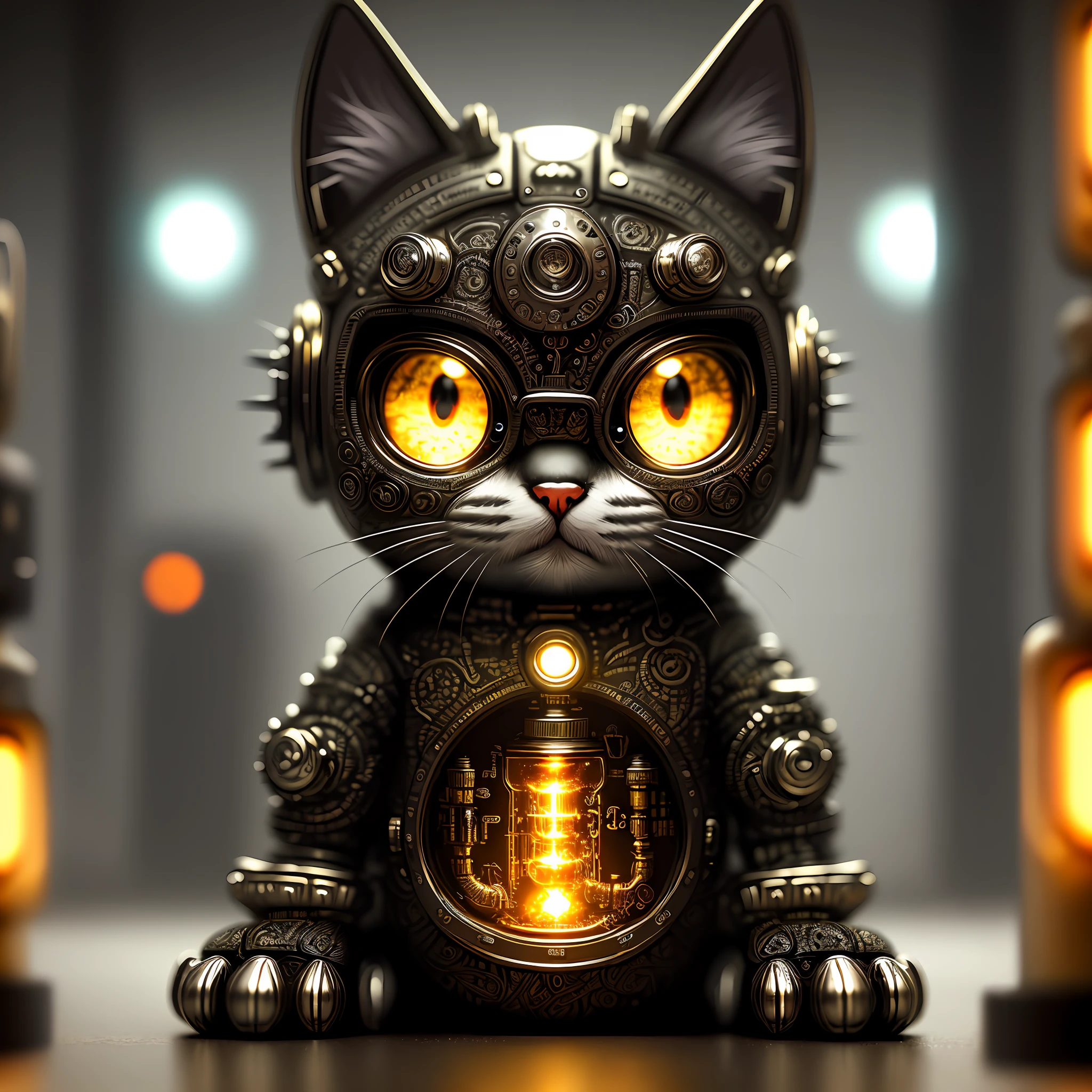 cute kitten made of metal, cyborg, cyberpunk style, ((intricate details)), hdr, big eyes, ((intricate details, hyperdetailed)), vacuum tube or electron tube, cinematic background, vignette, bokeh effect backdrop