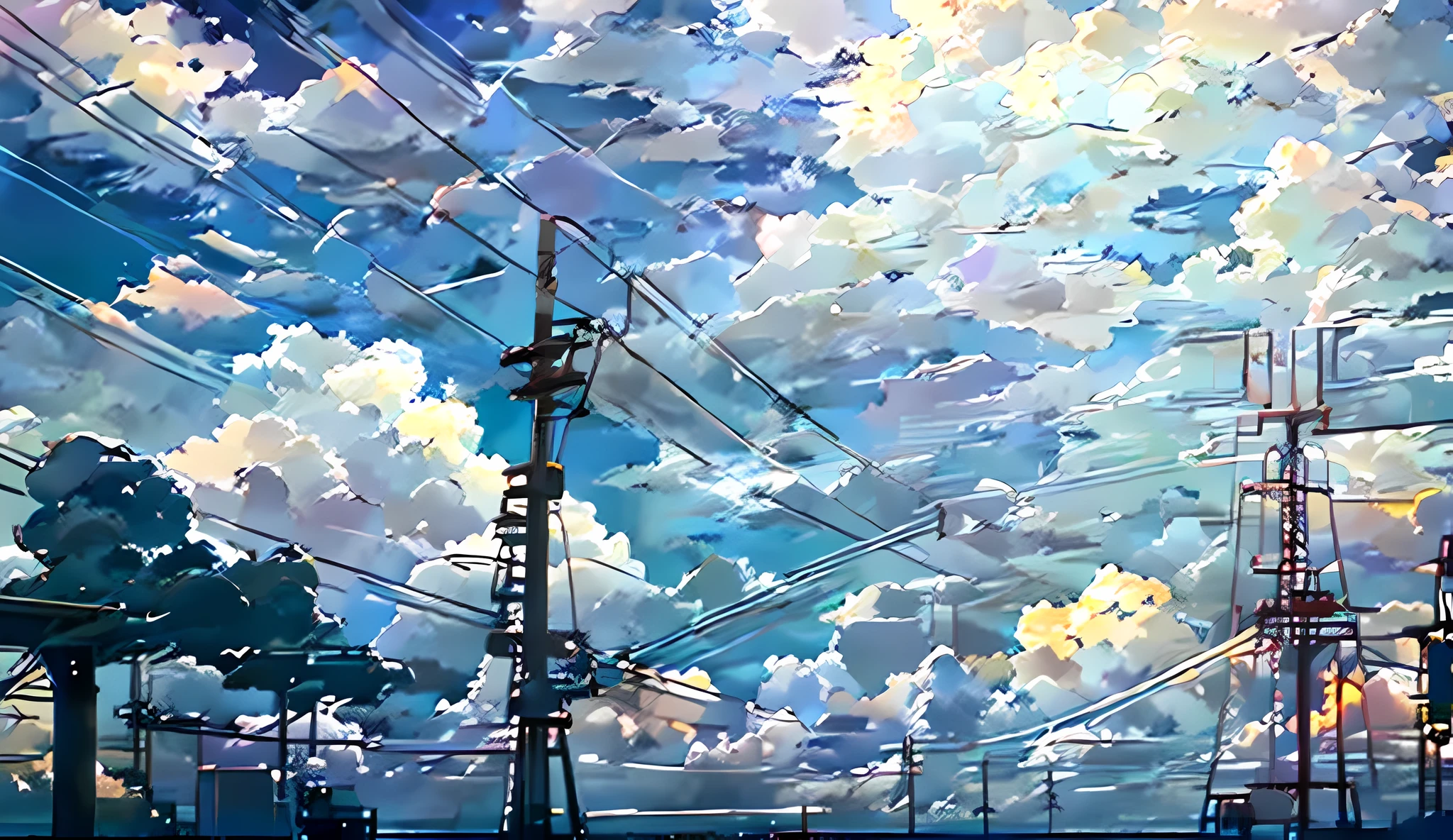 There is a picture of the sky with clouds and wires, Anime Sky, Anime Cloud, Anime background art, anime atmospheric, Makoto Shinkai's style, anime backgrounds, Atmospheric anime, low details. Digital painting, Anime landscape, in the style of makoto shinkai, Atmospheric. Digital painting, Cosmos Sky. By Makoto Shinkai