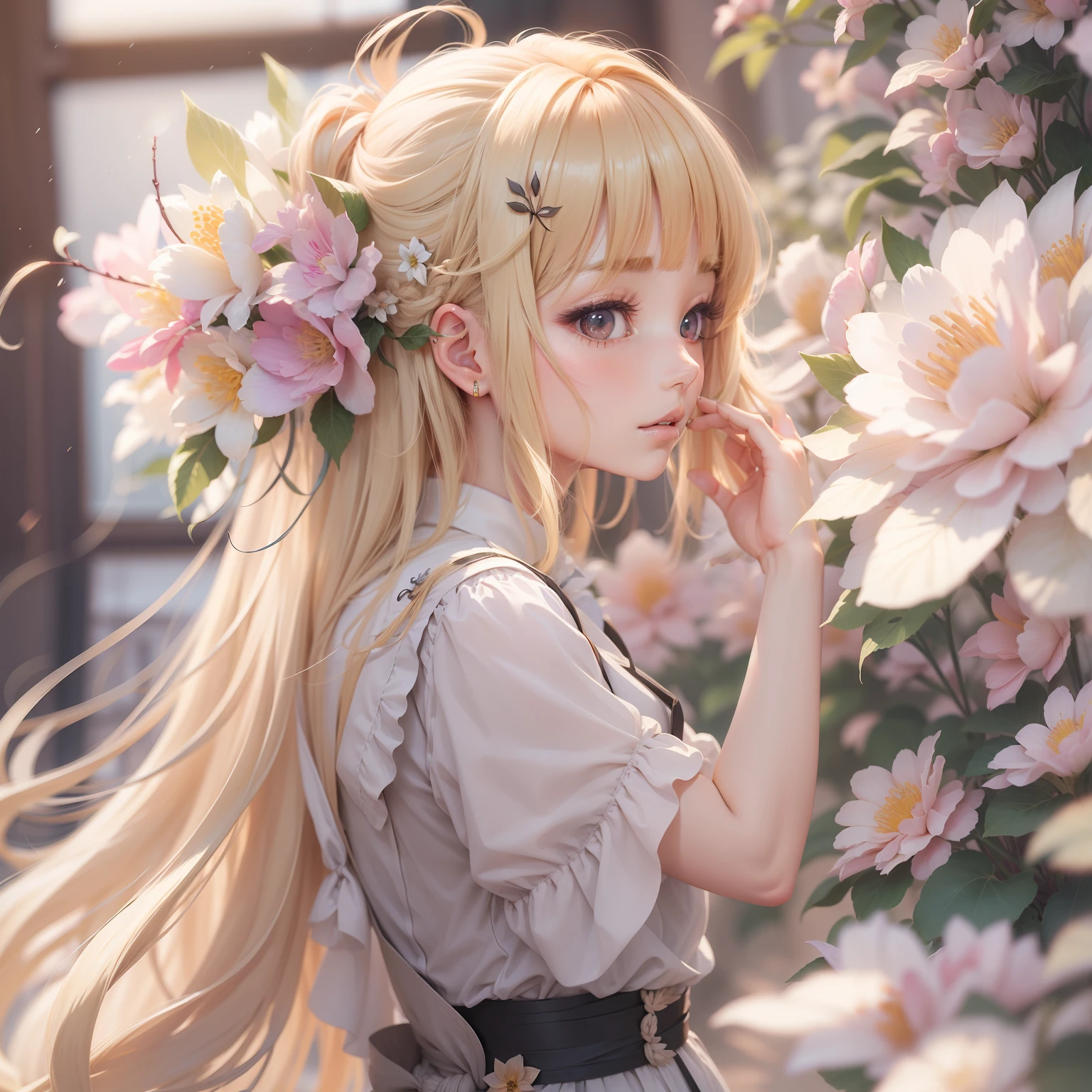 blondehair, hair behind ear, hime-cut, Long hair, Hair Flower, Head Leasing, gradient_hitomi, tareme, longeyelashes, Anime, One-person viewpoint, in 8K, hight resolution, Best Quality