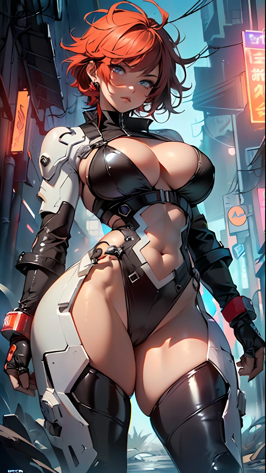 mechanical girl, (1girl: 1.3), ((1 black anime girl with extremely cute and beautiful red hair)),

(big breasts: 1.4), sagging breasts, (((short red hair: 1.35, cropped, redhead, very short hair)), ((heterochromia, eye1 red, eye2 white, perfect eyes, rolled eyes up: 1.3, beautiful detailed eyes, finely detailed beautiful eyes: 1, big highlight on eyes: 1.2)), (fat: 1.2), (((black skin, dark skin woman, dark skin: 1.3, skin of ebony, lustrous skin: 1.5, shiny skin: 1.5, tan skin, shiny skin, very shiny skin, shiny body, plastic shiny skin, exaggerated shiny skin))), (spider lower abdomen, narrow waist, wide hip , athletic body, inflated legs, delicate and detailed fingers, the hand consists of a short thumb and four fingers, hand with only five fingers, detailed body, detailed arms, human hands, detailed hands), (((muscle legs, muscular thighs, muscular girl))), (strong and muscular, bodybuilder, strong body, muscular, feminine and muscular), (huge stature, tall stature, very tall girl),

cute, slutty, sensual, seductive look, seductive, erotic, enchanting, nsfw, 

(fitted overalls: 1.3, suit unbuttoned),((mechanical tools on his clothing)), (((huge cleavage))), (detailed suit, detailed clothing), 

(dynamic pose:1.0), solo focus, embarrassed, centered, scale to fit dimensions, Rule of thirds,

outdoors, ((night view)), (cyberpunk night street Background: 1.5,dark sky,alleyway,lonely alley,thick clouds, detailed background:1.25),

(best quality), (high resolution), (sharp focus), (ultra detailed), (extremely detailed), (extremely high quality artwork), 8k_wallpaper, (extremely detailed CG 8k),(very fine 8K CG), ((hyper super ultra detailed perfect piece)), flawless, (((masterpiece))), illustration, vibrant colors,  (intricate), High contrast, Selective lighting, Double exposure, HDR (High Dynamic Range), Post-processing, Background blur,