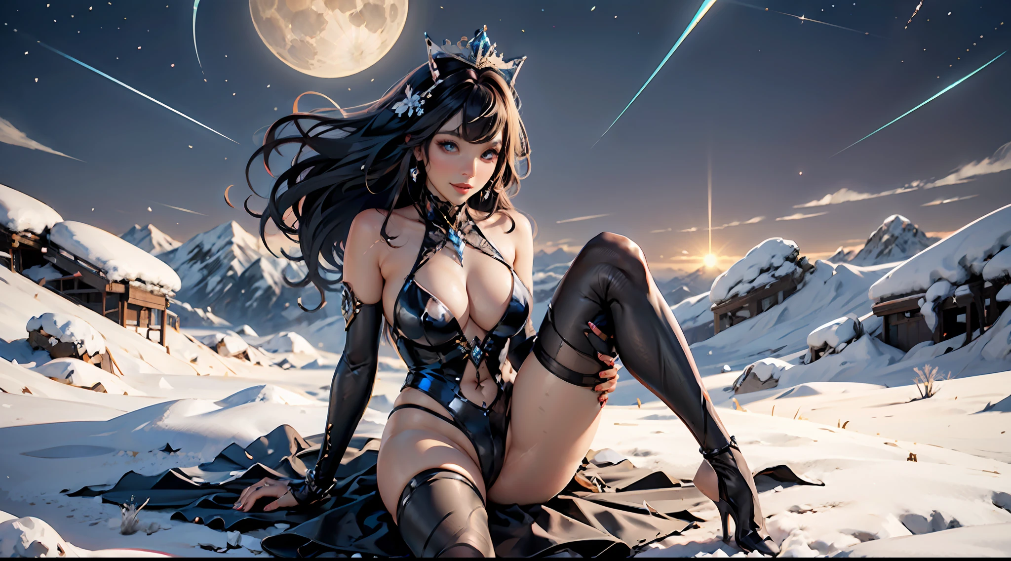 full depth of fields,In the ultra-wide-angle shot, the beauty has a K-cup teardrop-shaped giant tit chest,Make the super sexy body with obvious sexual characteristics particularly irritating,The beauty Kaziran has huge eyes and dreamy pupils,The beauty's small and delicate nose resembles a kitten,With a small red mouth,Make the face beautiful and beautiful,Under the slender neck like a swan are slippery shoulders and beauty collarbones,The beauty's arms shook gently,Ergonomic and physiologically normal hands,Clear mesh silk thread gloves,Cool manicures,Gorgeous ring,The beauty has a gourd-shaped body,No fat funnel-shaped waist,Vest line with delicate lines,Pear-shaped rump with butterfly straddling,A pair of super slender, rounded and toned legs,Stepping on a pair of slender jade feet,Above the beauty's colorful hair is a halo crown,Gorgeous colorful tattoos and trinkets adorn the whole body,Behind the beauty are distant mountains, snowtops, auroras, meteors falling, cherry blossoms, sea rising, bright moon, Han sea, blue ice, neon storms, clear skies, starry rivers, far away from the city,These beauties,Let the beauty smile a thousand charms,Use Midjourney's advanced brush tools and experiment with different color palettes and strokes to show and enhance the quality of your characters, reflect all the qualities of your characters, and add realism。Use Midjourney's advanced brush tools and experiment with different color palettes and strokes to reveal and enhance the seductive crimson quality of your scene,The magnificent natural landscape in the background in different weather conditions is very realistic,The result is an incredible level of detail throughout the picture。Use Midjourney's advanced stroke and texture tools and experiment with different models and materials to make a variety of styles,Mesh cutout tights,Intricate hairstyles and make-up with tattoos to add authentic glamorous style,The teardrop-shaped giant tit that makes the beauty super sexy has the t