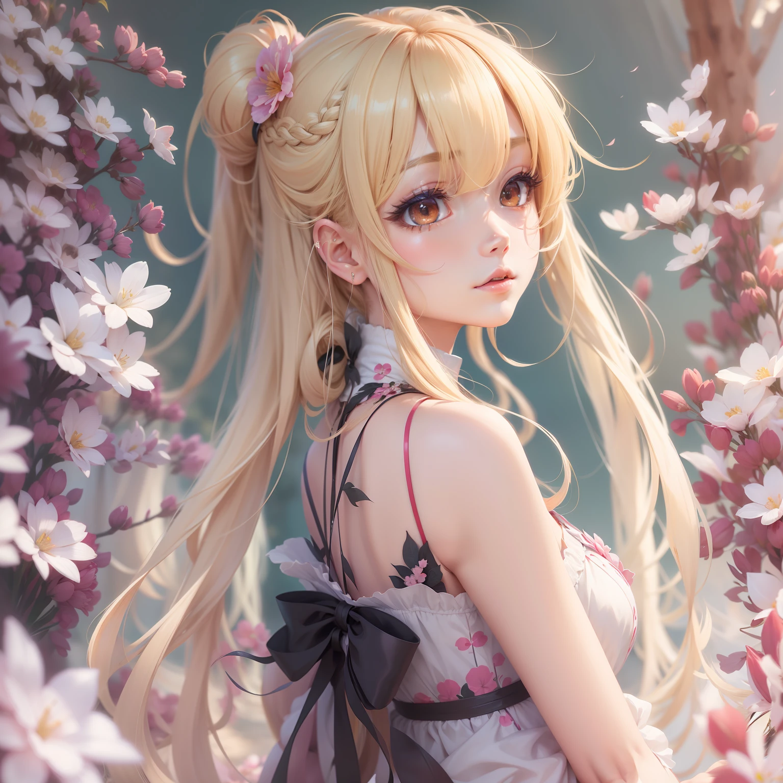 blondehair, hair behind ear, hime-cut, Long hair, Hair Flower, Head Leasing, gradient_hitomi, tareme, longeyelashes, Anime, One-person viewpoint, in 8K, hight resolution, Best Quality
