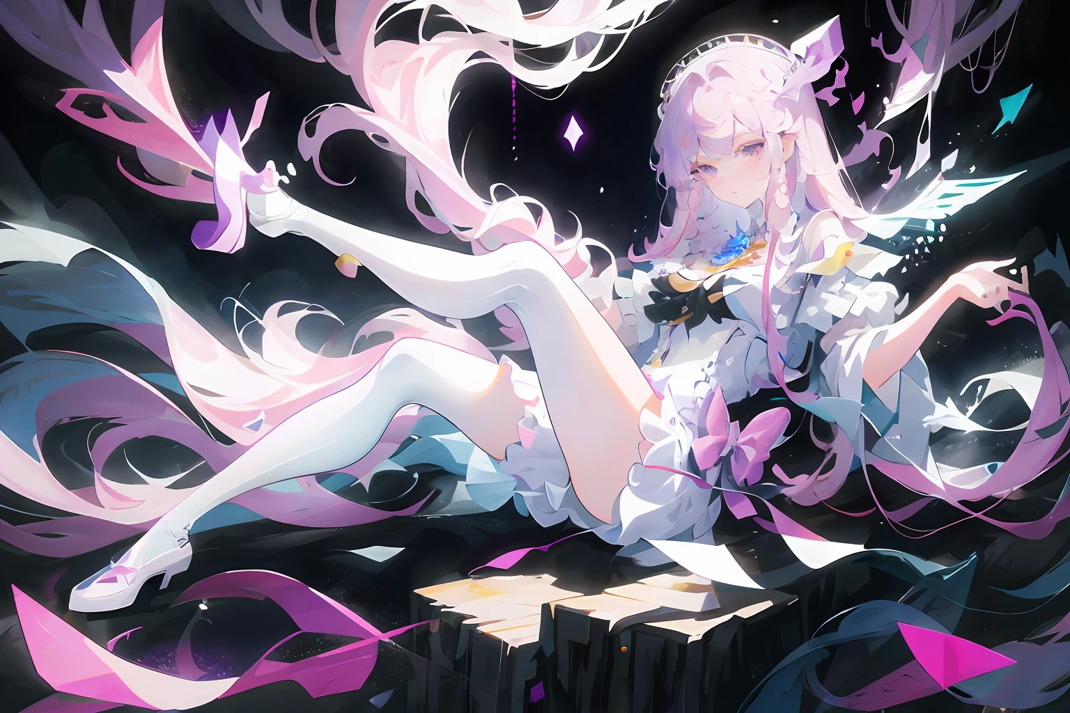 (resoulution ultra-fine CG unity 8k wallpaper,A Masterpiece,Bestquality,Hyperdetailed,The details are intricate),(Best Illumination,best shadows,Extremely refined and beautiful),Bloom,afloat,High Saturation,Perfect female body dynamic angle,( 1 girl Girl), gorgeous, sangonomiya kokomi, looks at the viewer, Light smile, Purple eye, headdress, Gradient hair, PINK HAIR, long long hair, Bow, White printed stockings,Purple bow,Hyperdetailed,fulllllbody