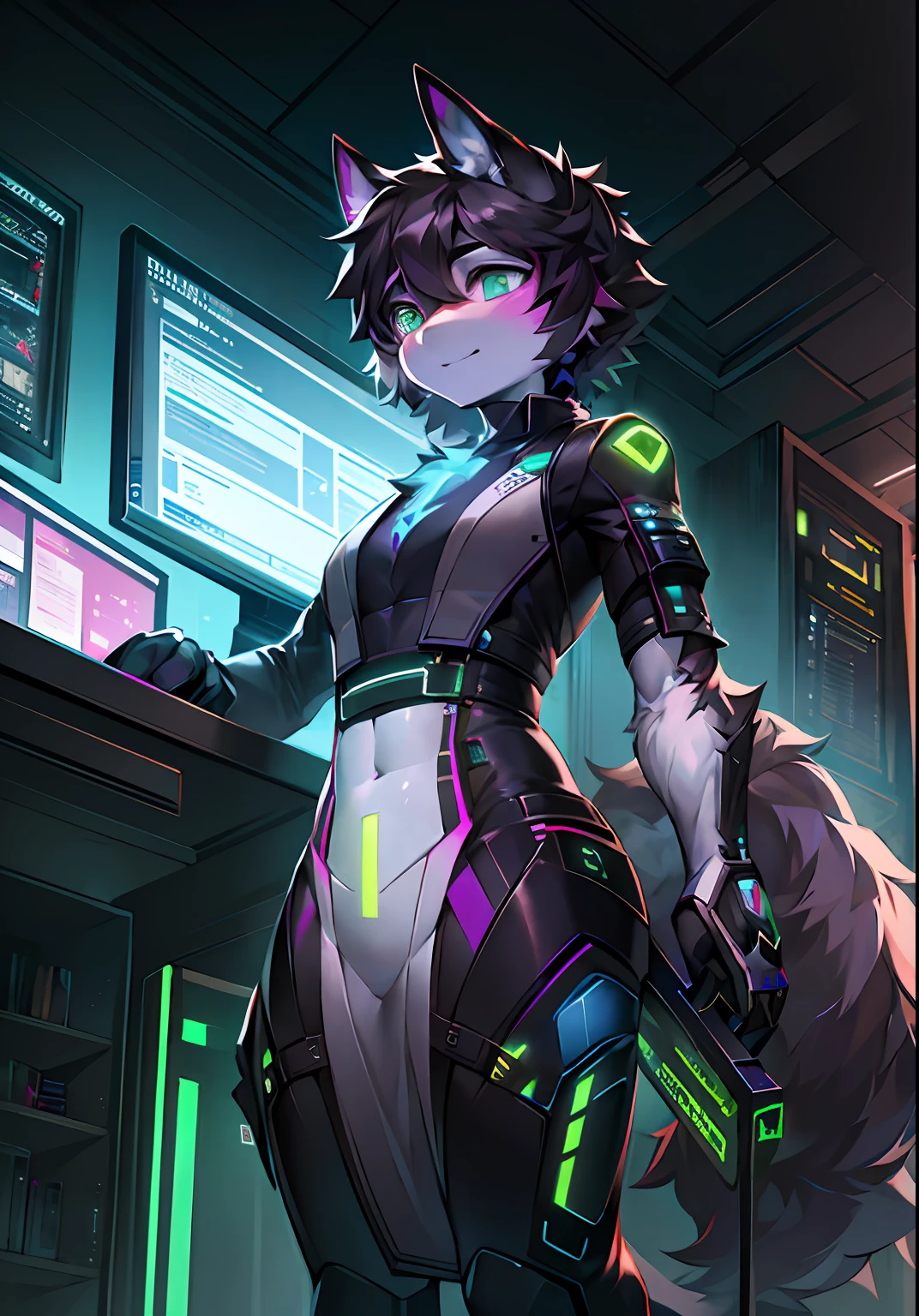 （（best qualtiy））， （（tmasterpiece））， （The is very detailed：1.3）， 3D，rfktr_technotrex，Strong cyberpunk man with fluffy hair，hacking a computer terminal（Wear a thick and high-tech head-mounted display：1.2），computer servers，LCD screens，Fiber optic cable，Company logo，HDR（HighDynamicRange），Ray traching，NVIDIA RTX，Hyper-Resolution，Unreal 5，sub surface scattering，PBR textures，Post-processing，Anisotropic filtering，depth of fields，Maximum clarity and sharpness，Many-Layer Textures，Albedo e mapas Speculares，Surface Coloring，Accurate simulation of photo-material interactions，perfectly proportions，rendering by octane，twotonelighting，Low ISO，White balance，trichotomy，Wide aperture，8K RAW，High-Efficiency Sub-Pixel，sub-pixel convolution，Luminous Particle，Light scattering，Tyndall effect