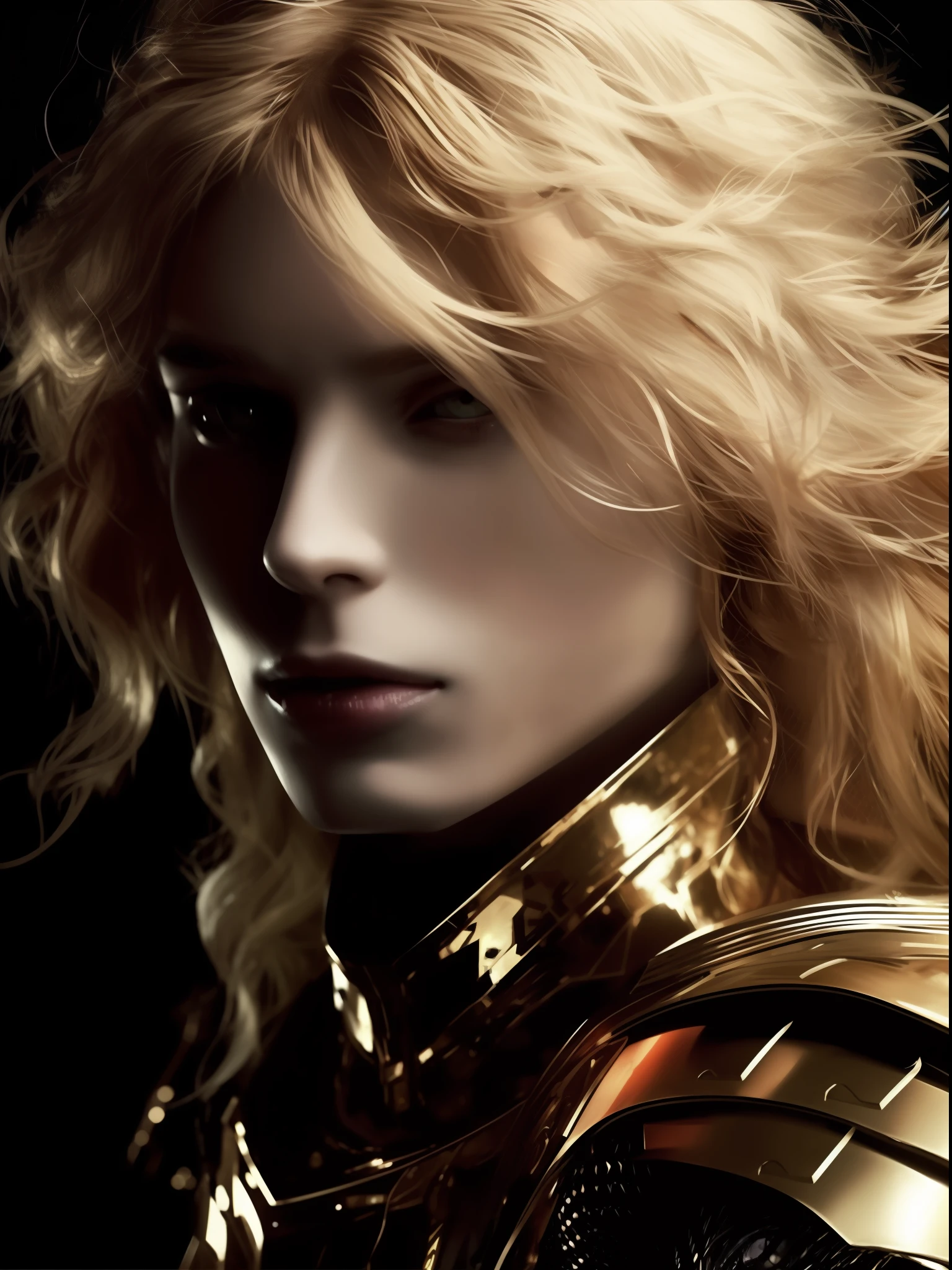 Close-up of a woman with gold armor on her face, Portrait of a magical blond prince, beautiful androgynous prince, Paul Atreides, delicate androgynous prince, attractive androgynous humanoid, Elle Fanning as an android, Genos, Alexander, attractive male with armor, Portrait of a Knight, portrait knight female, Elven blonde male warrior