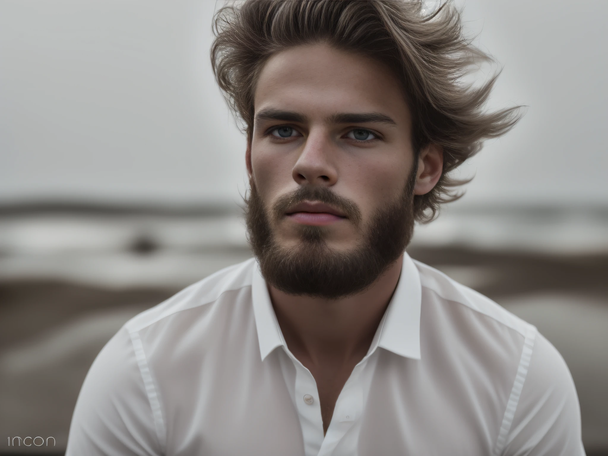 A 25-year-old man from Sweden, masculino, barbado, barba cheia, modelo, corpo inteiro, pose elegante, muito bonito, looking-into-camera, imagem detalhada, UHD, 8k, bem iluminado, grain of film