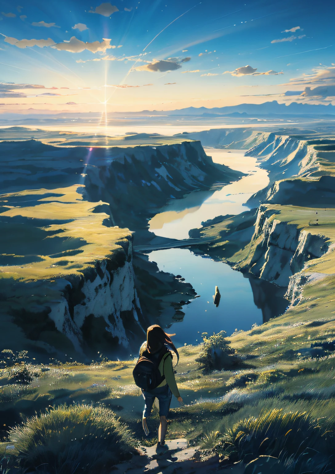 (Vast sky,Beautiful skyline,Large grasslands:1.1,The tension is dramatic:1.1,Stunning visuals,high hanging Polaris,Colorful natural light),(Young girl,A long-sleeved top,denim short,Carrying a rucksack),blue eyes, long brown hair,Innocent faces,Step by step towards hope,Green in the sunset,rot,blue,Bright lights(AESTHETIC:1.2,flowing:1.2,soft:1.2,grain:1.2),Achieve the ultimate in color,The picture is vibrant,Warm and natural.
