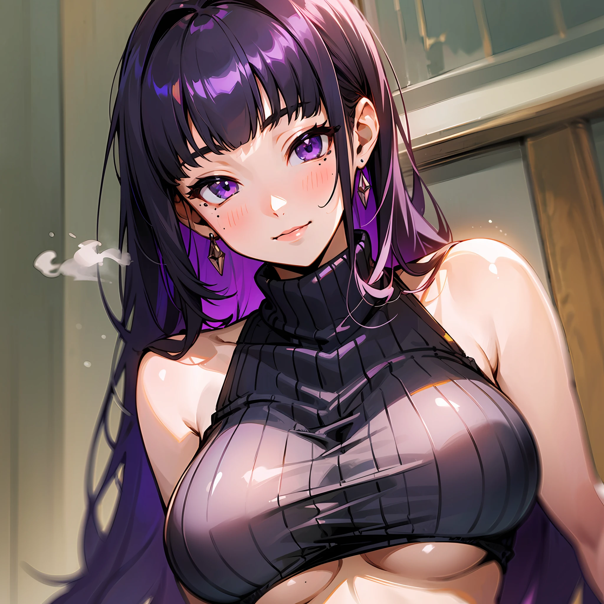 1girl, bangs, bare shoulders, black hair, black sweater, blunt bangs, bra, closed mouth, depth of field, hime cut, huge breasts, lips, long hair, looking at viewer, mole under mouth, akiryo-mai, purple eyes, ribbed sweater, see-through, sleeveless, sleeveless sweater, solo, sweater, turtleneck, turtleneck sweater, underwear, upper body,smile,(masterpiece:1.4),(best quality:1.4),(shiny skin),steaming body