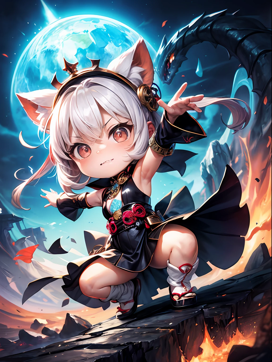 masterpiece, best quality, highres, cinematic lighting, dramatic angle, ultra-detailed, illustration, 8k, Digital illustration., (In the colorful fantasy world, a seductive woman with red eyes, adorned in a white traditional Korean princess outfit, wields a katana, jump attack against the background of a monster staring at her eagerly), with a backdrop of peculiar creatures eagerly eyeing her.),Enchanting, mystical, otherworldly, alluring, bewitching, captivating, enigmatic., LAVA , FIRE , MONSTER ,Hight detail , ((Chibi , cutie:1.5))