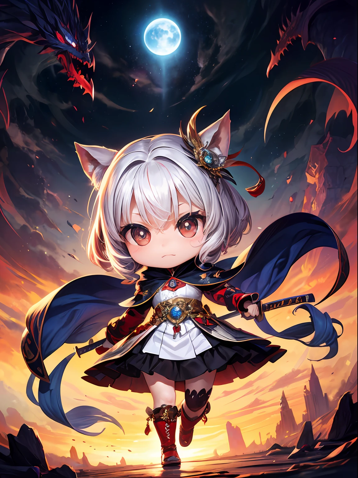 masterpiece, best quality, highres, cinematic lighting, dramatic angle, ultra-detailed, illustration, 8k, Digital illustration., (In the colorful fantasy world, a seductive woman with red eyes, adorned in a white traditional Korean princess outfit, wields a katana, jump attack against the background of a monster staring at her eagerly), with a backdrop of peculiar creatures eagerly eyeing her.),Enchanting, mystical, otherworldly, alluring, bewitching, captivating, enigmatic., LAVA , FIRE , MONSTER ,Hight detail , ((Chibi , cutie:1.5))