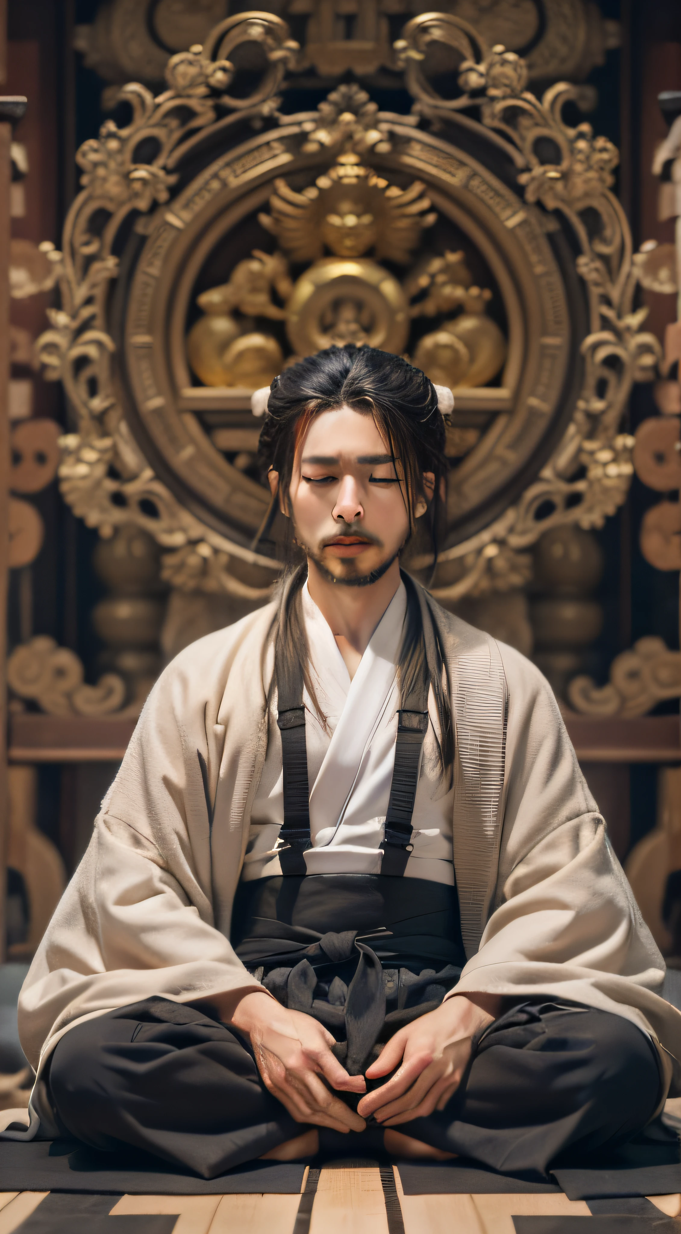 masutepiece, Best Quality, hight resolution, photoreaslistic, Detailed face, Handsome man meditating in front of a shining altar, Middle-aged man,Stubble,Emitting an aura,inspired by Kaigetsudō Anchi, a temple background, inspired by Shūbun Tenshō, zen temple background, Zen Cyberpunk Meditation, inspired by Torii Kiyomitsu, inspired by Itō Jakuchū, Inspired by Hayami Xingzhou