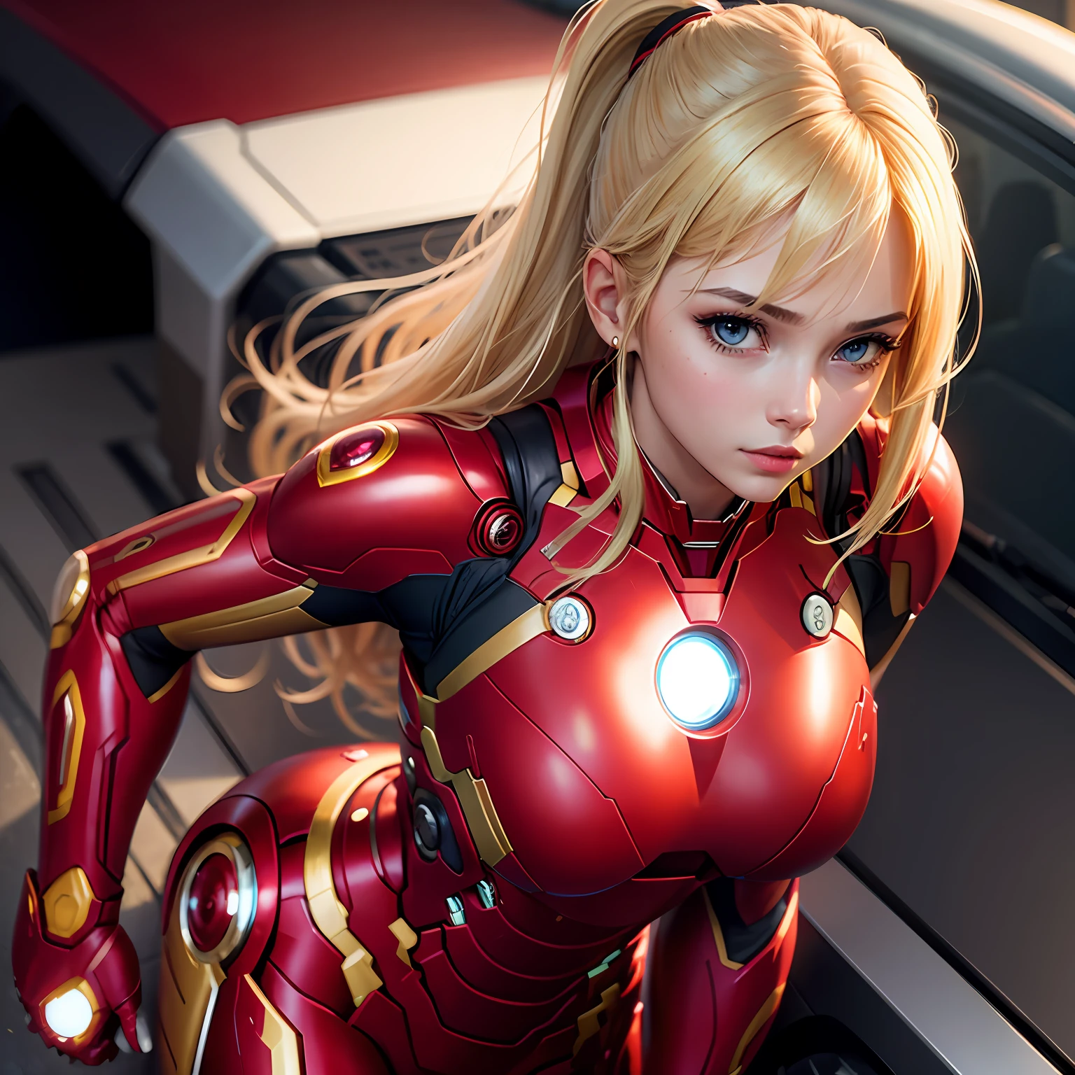 A beautiful girl，blond hairbl，Iron Man，tightsuit，Raised sexy， --auto