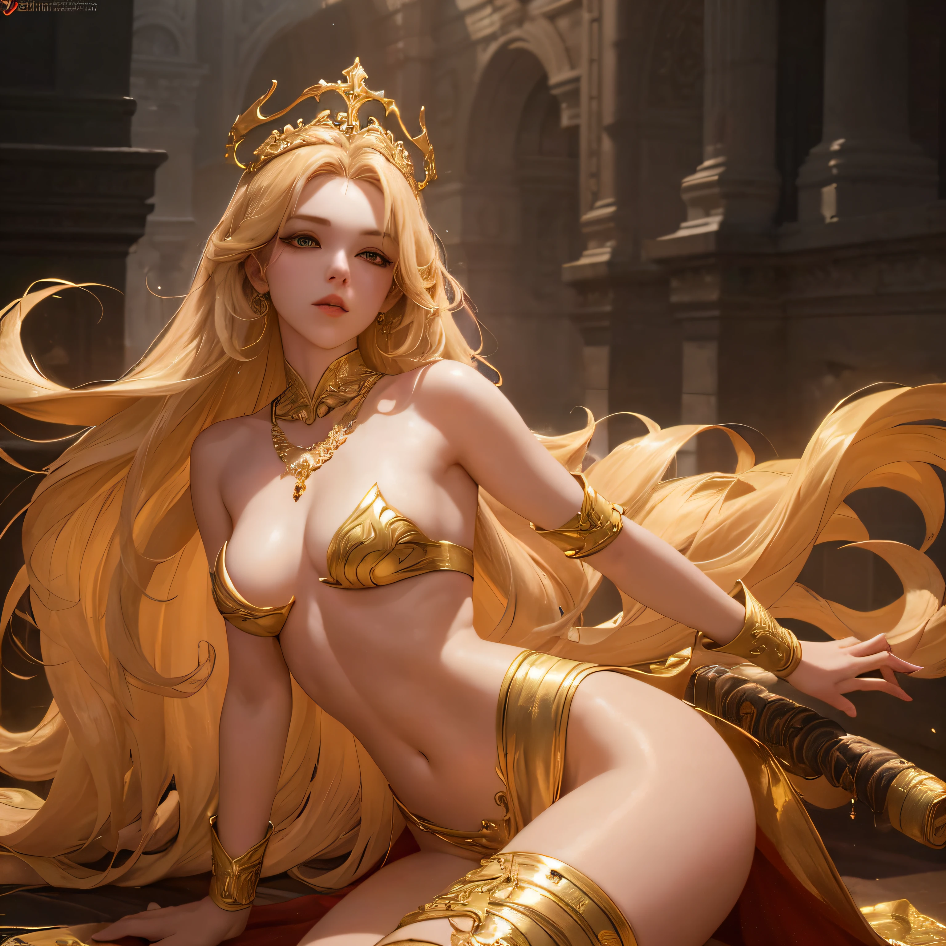 A beautyful girl,Sexy beautiful girl,(Golden light from behind),full bodyesbian,(Gold transparent decorative gold tights),(gold choker),Wearing a flowing gold cloth,(The crown on the head is small),(Straight straight hair),(15year old),(Slim little face),(H cup large),(Chest exposed),(The Arm,Exposing thighs),(Thighs exposed),(,The kinky is exposed),Art Station Chen Weipan, Yang J,fullnude,Meticulous fantasy art,Stunning character art,The best art station for fan art,Gorgeous and exquisite character art,full bodyesbian,standing on your feet
