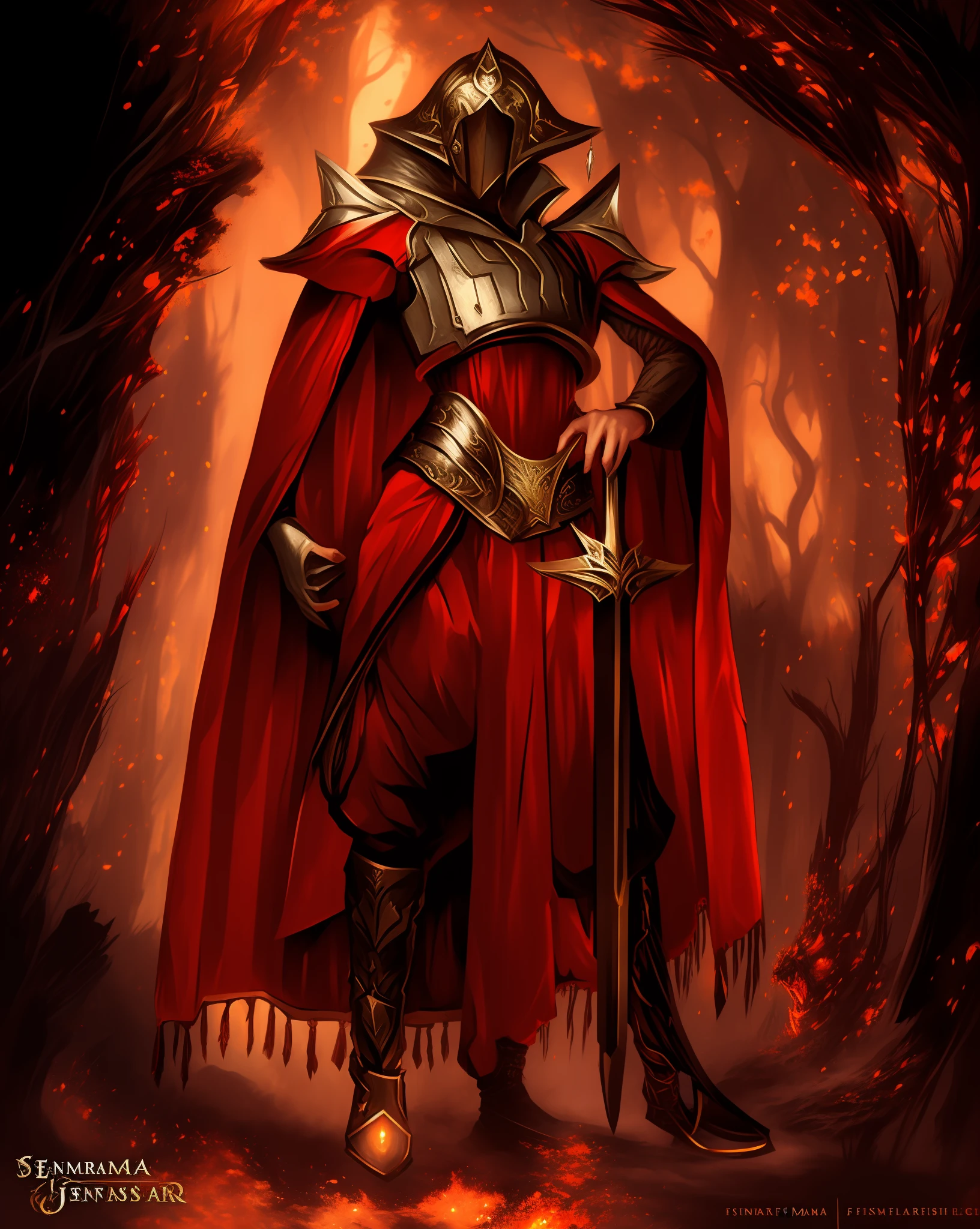 Imagem de um homem vestido com um manto vermelho e segurando uma espada, cavaleiro de sangue, Senhora na armadura vermelha, Senhor de Cinder, epic fantasy card game art, Epic Fantasy Digital Art Style, Arte do Jogo de Cartas de Fantasia, armadura vermelha de sangue, cavaleiro blindado em vermelho, full portrait of magical knight, arte fantasia behance, epic fantasy character art