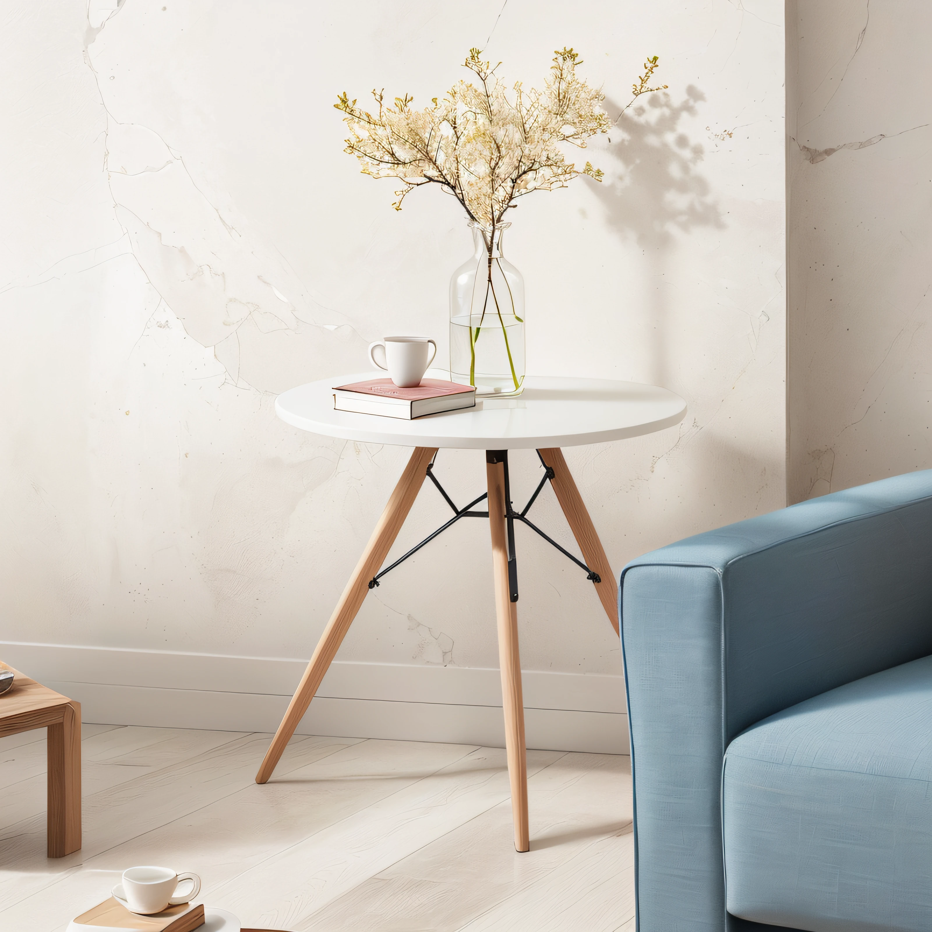 There was a small table in the room,There is a vase on it, placed in a living room, placed in a large living room, on a white table, wooden side table, scandinavian style, minimalistic and beautiful, White table, minimalist furniture, on a coffee table, very minimalistic, center focus on table, in a white boho style studio, high detail product photo, product photograph,Extremely realistic, photo realistic image, Ultra photo realsisim, very very very realistic,best qualtiy