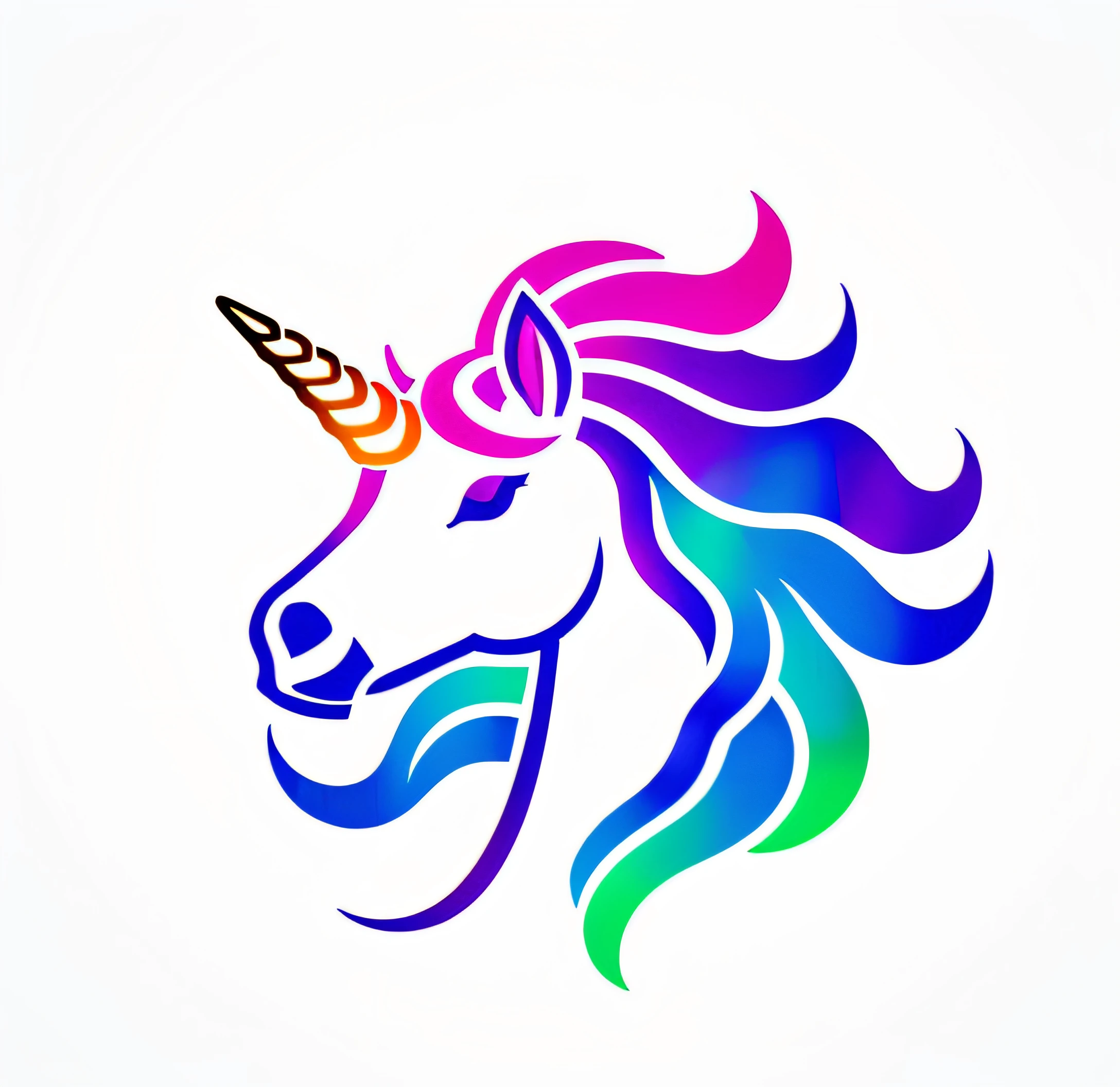 Best company logo, head Unicorn logo, (((text behide))), head logo, technology logo, network logo, data logo, Unicorn vector, technology vector, network vector, technology vector, white background, logo vector, brand logo, text below, keep text, clear image, central axis, detailed, logo, vector, line art, type, vector, icon, symbol, design, signs inspiration, symbol of art inside Unicorn|rainbow, vector set of gradient, logo modern font, texture, vector, colors: blue and red, minimalist, simplified, (((artsoul)))