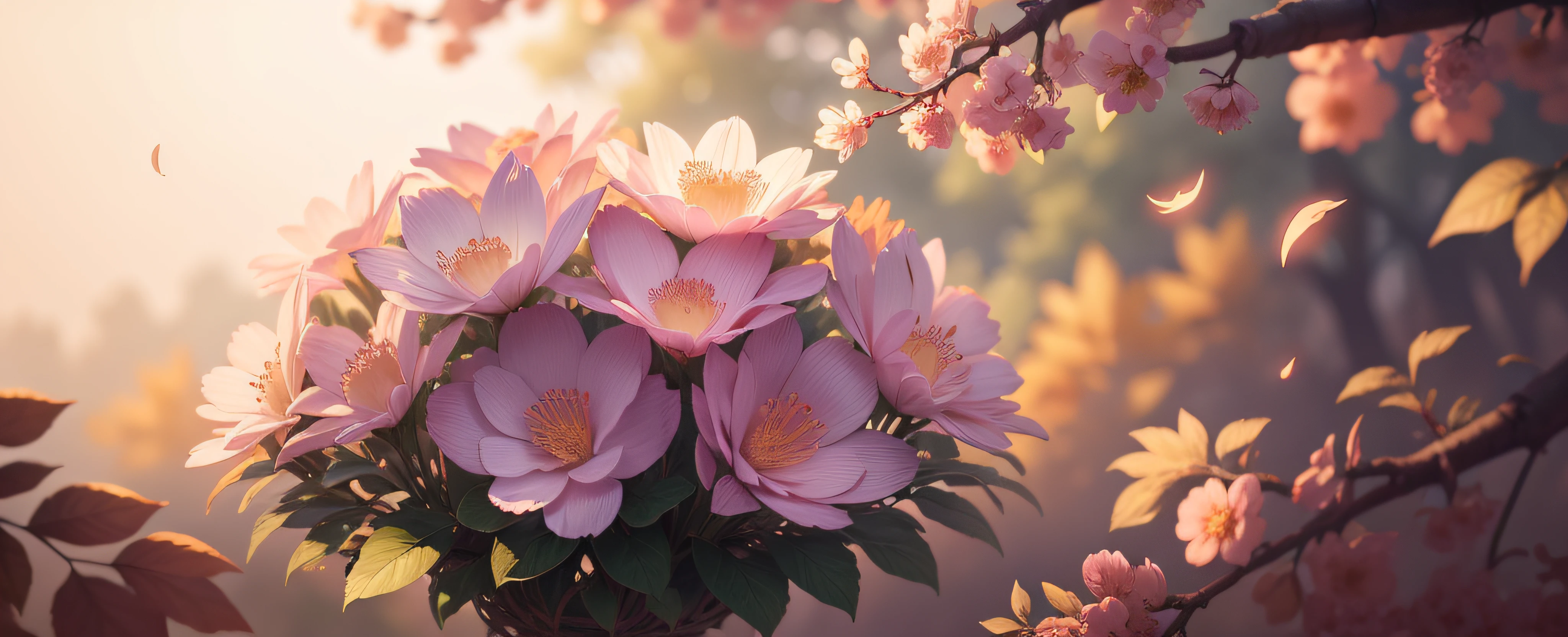 Masterpiece, best quality, (very detailed CG unity 8k wallpaper) (best quality), (best illustration), (best shadows) Nature's delicate leaves petals of various colors falling in the air light Tracking, super detailed --auto --v6