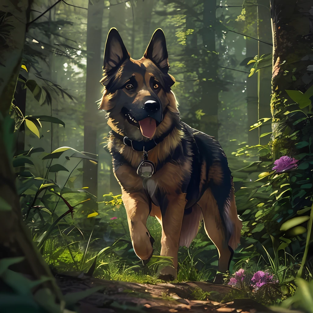 （best qualtiy：1.2），（tmasterpiece：1.2），（realisticlying：1.2），close up photograph，A very cute jumping German shepherd in the forest，Soft volumetric light，（looking at viewert：1.3），（The light from the back window is backlighted：1.3）， （cinematic ligh：1.2），intricately details，tmasterpiece