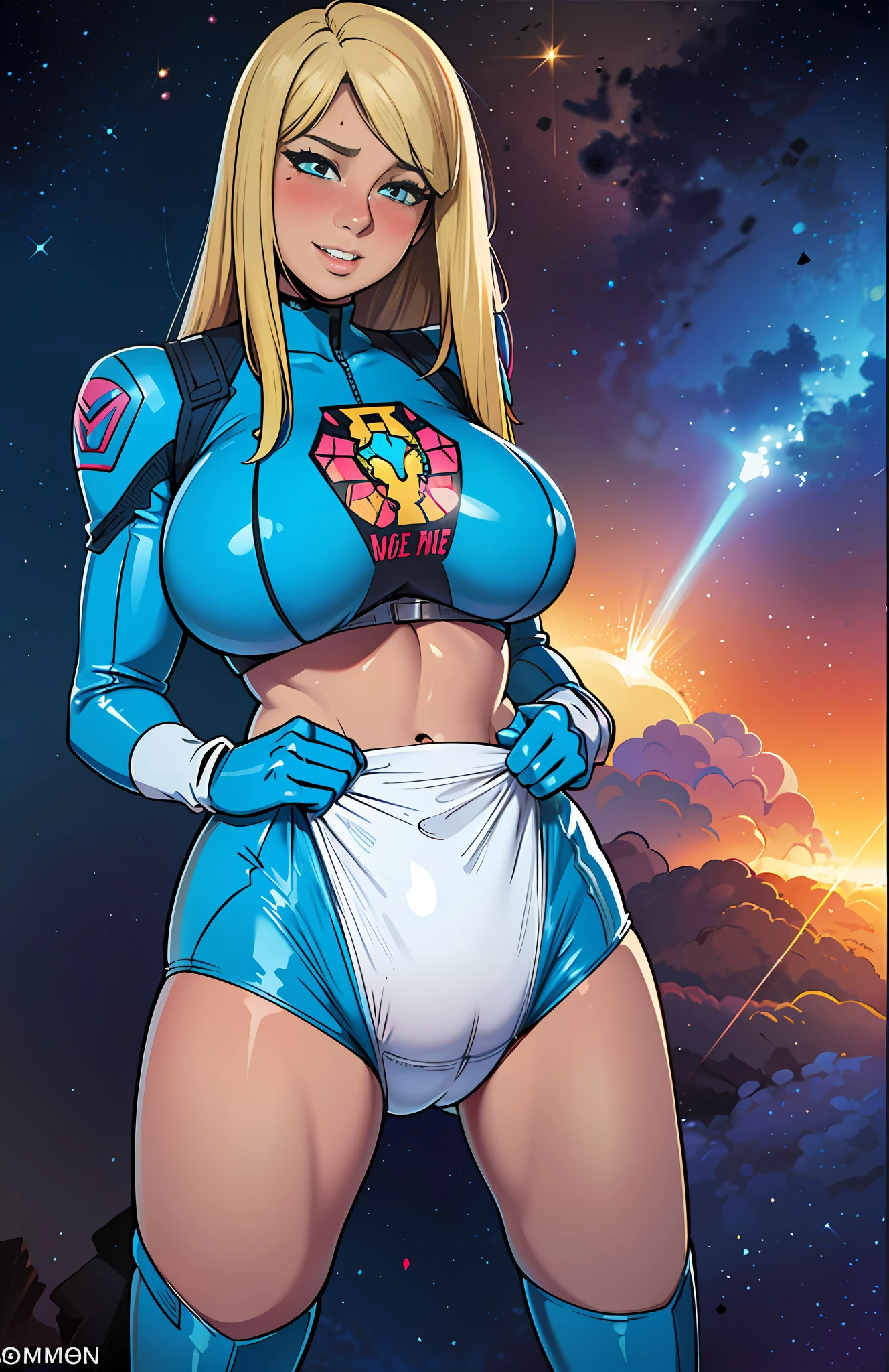 ((Zero Suit Samus)), (Samus Aran), (Metroid), ((sci-fi)), science fiction, ((blue latex)), wearing a (big diaper), pleasure, (kinky), colorful, fantasy, (magic), (magical fog), mature, (big breasts), wide hips, blushing, blonde, ((blushing)), big lips, bimbo, long lashes, (confident), ((mommydom)), atmospheric, celestial, (medbay)