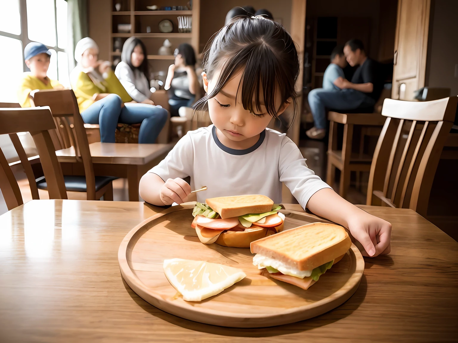 There was a little boy sitting at the table,Take the sandwich, abcdefghijklmnopqrstuvwxyz, ???, toddlers, kiddy big breasts, taken with sony alpha 9, 1614572159, Gamine, having a snack, shot on nikon z9, taken with canon eos 5 d mark iv
