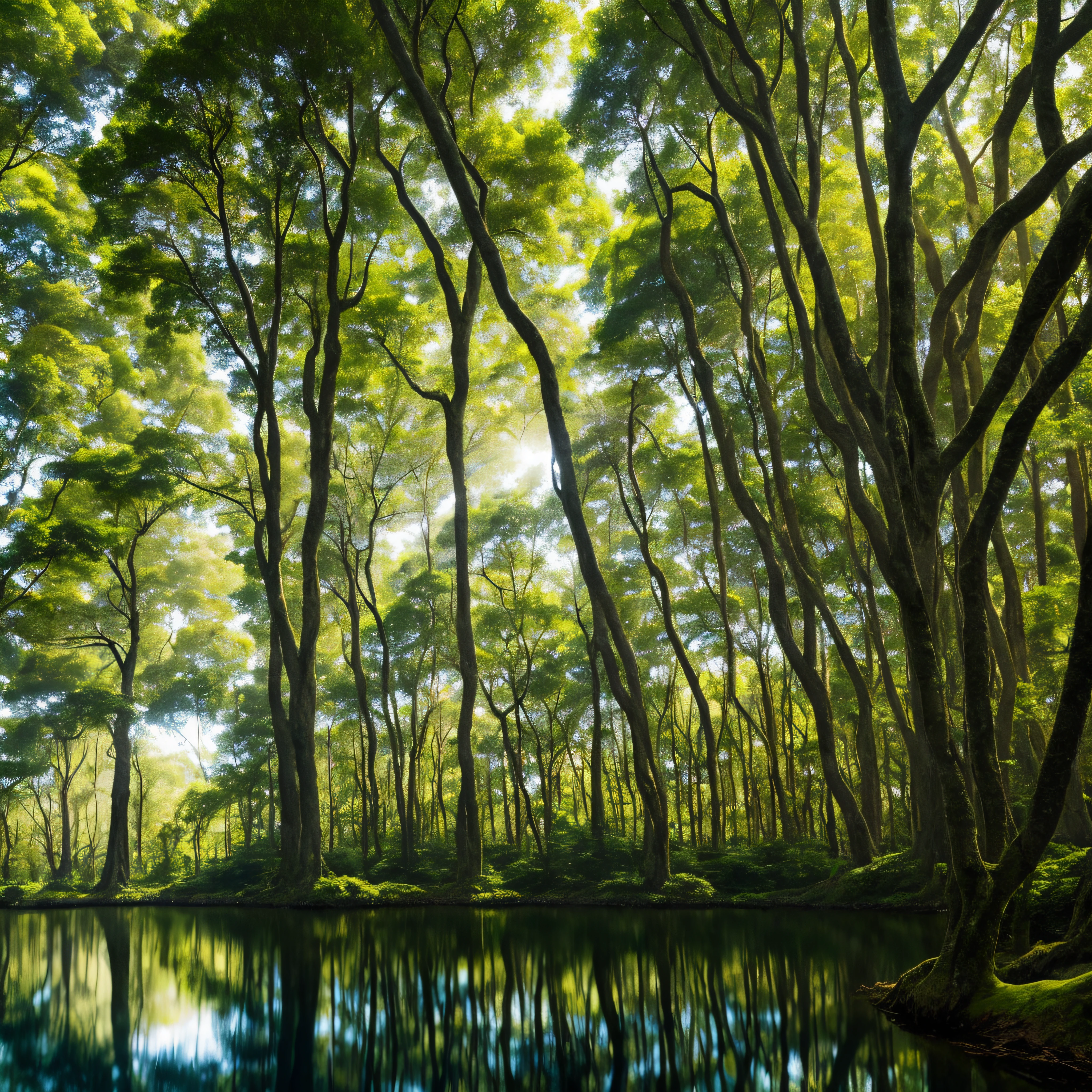 Em uma imagem parada, The enigmatic atmosphere of an ancient forest comes to life. towering trees, its massive trunks and branches reaching into the sky, criam uma copa que filtra a luz do sol, casting speckled shadows on the forest floor below. Entre os penhascos de pedra dentro da selva, um pequeno lago cristalino se aninha, its placid surface reflecting the surrounding verdant landscape. Amarrado acima do lago sereno, A swing made of vines and vibrant flowers adds an element of whimsy to the scene --auto