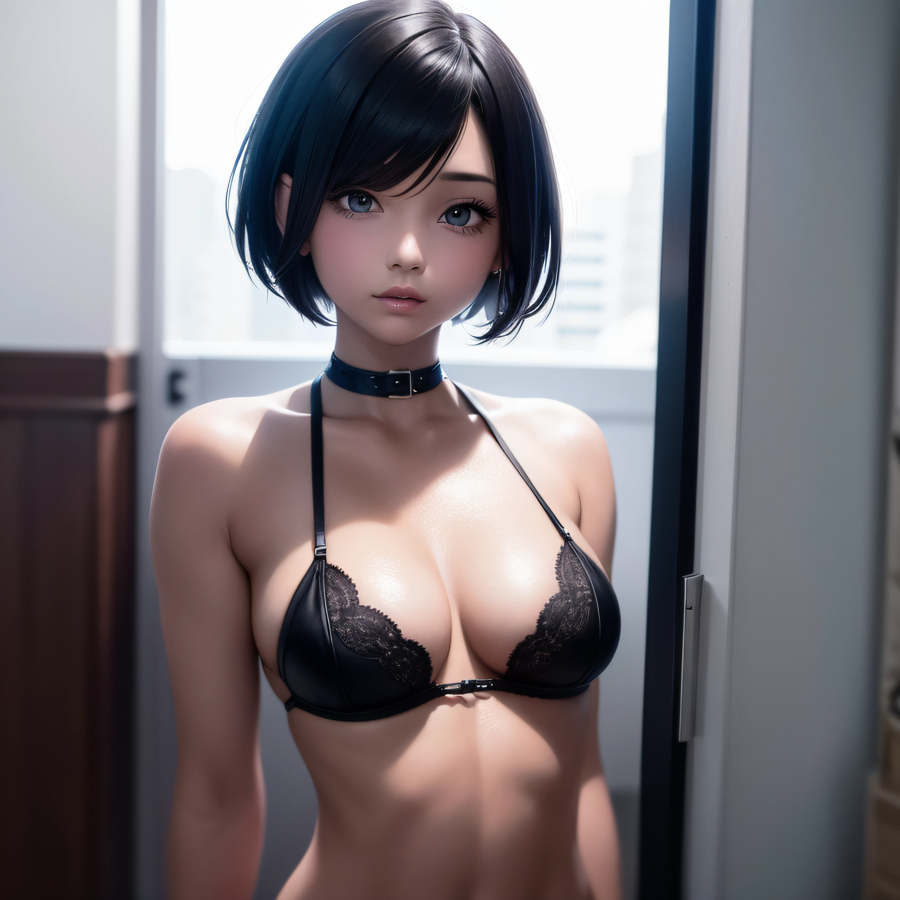 Girls with short hair，The upper part of the body，See-through installation，sideface，boobgasm，Dim lighting，Light --auto