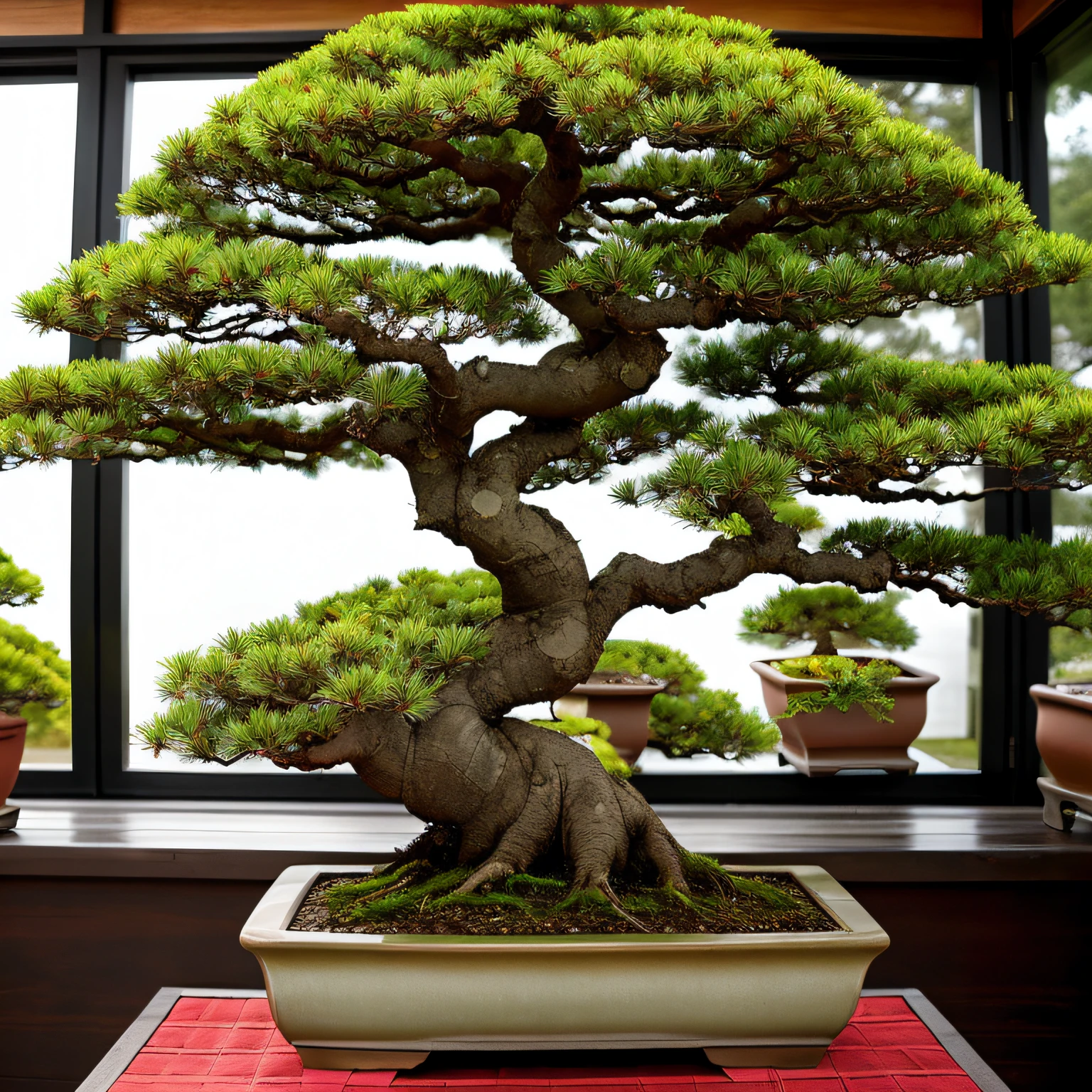 Bonsai,A rectangular canister,Monk pines are planted in pots,In an indoor tea room setting,Splendor, Colorful, Amazing photography, dramatic lighting, photo-realism, ultra - detailed, 4K