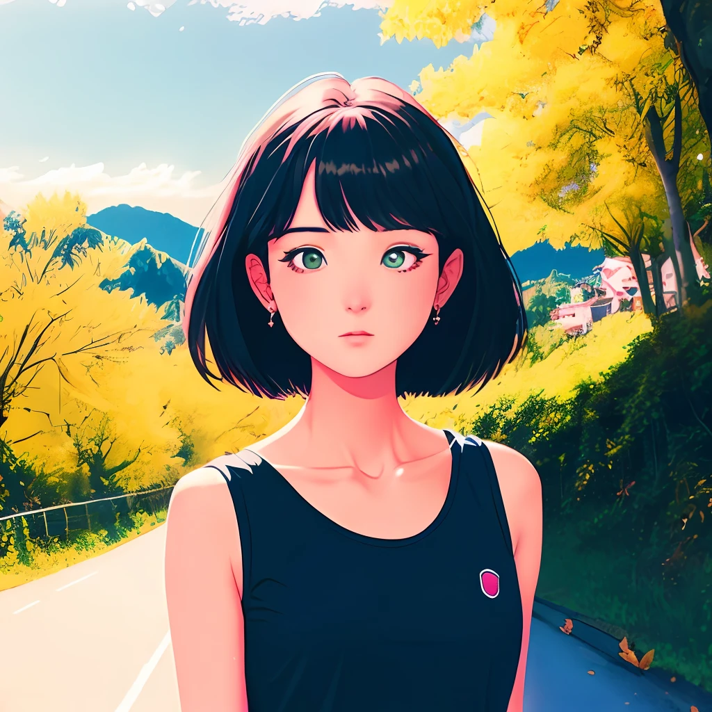 1girl, clavicle, impossible clothes, standing, masterpiece, best quality, extremely detailed 8K wallpaper, tight skin, ultra detailed, volumetric lighting, best ???????, detailed blue eyes, beautiful eyes, best shadow, ultra detailed, day sunny, city, green hills, wind, flying pink leaves, road, dark_skin, dark-skinned_female, retro_artstyle, 1990s_(style), short straight hair