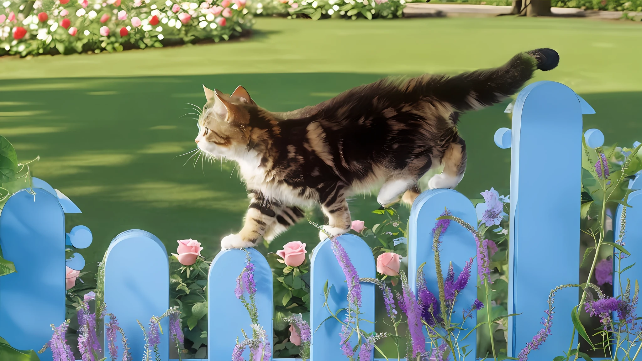 High quality wallpaper, stunning wallpaper, rose garden, many roses, pink roses, beautiful high-resolution, cat tail, wallpaper -1024, walking on the runway, walking in the garden, high-quality wallpaper, HDR, UHD, 4K, 8k, Professional, Vivid Colors