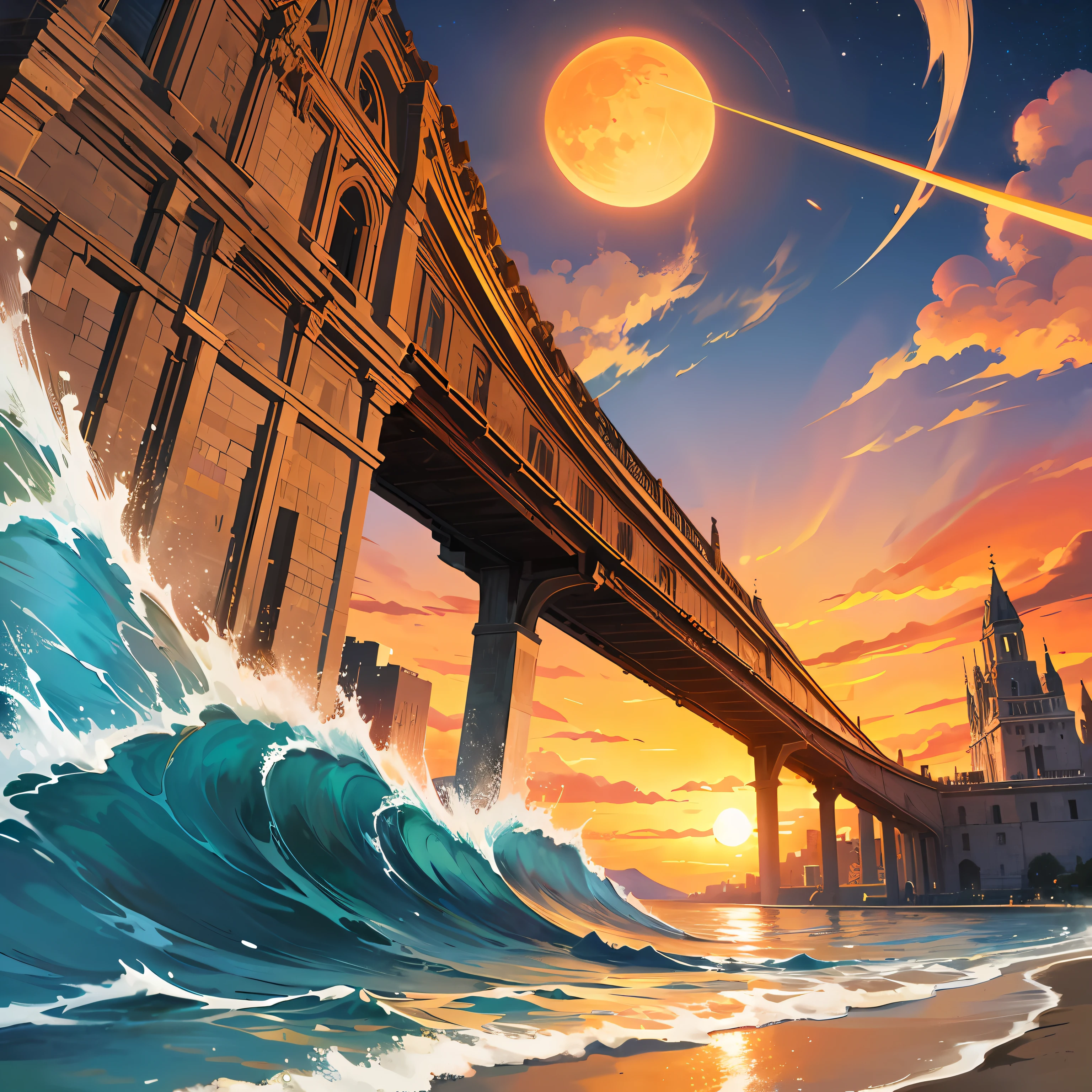 In the sea there is a building with a towering lower thick and thin spire、eventide、Orange-yellow sunset、The sun and the moon exist at the same time、There are 90 in the sea%of reflections,The dividing line of the sea is at the seventh point in the picture --auto