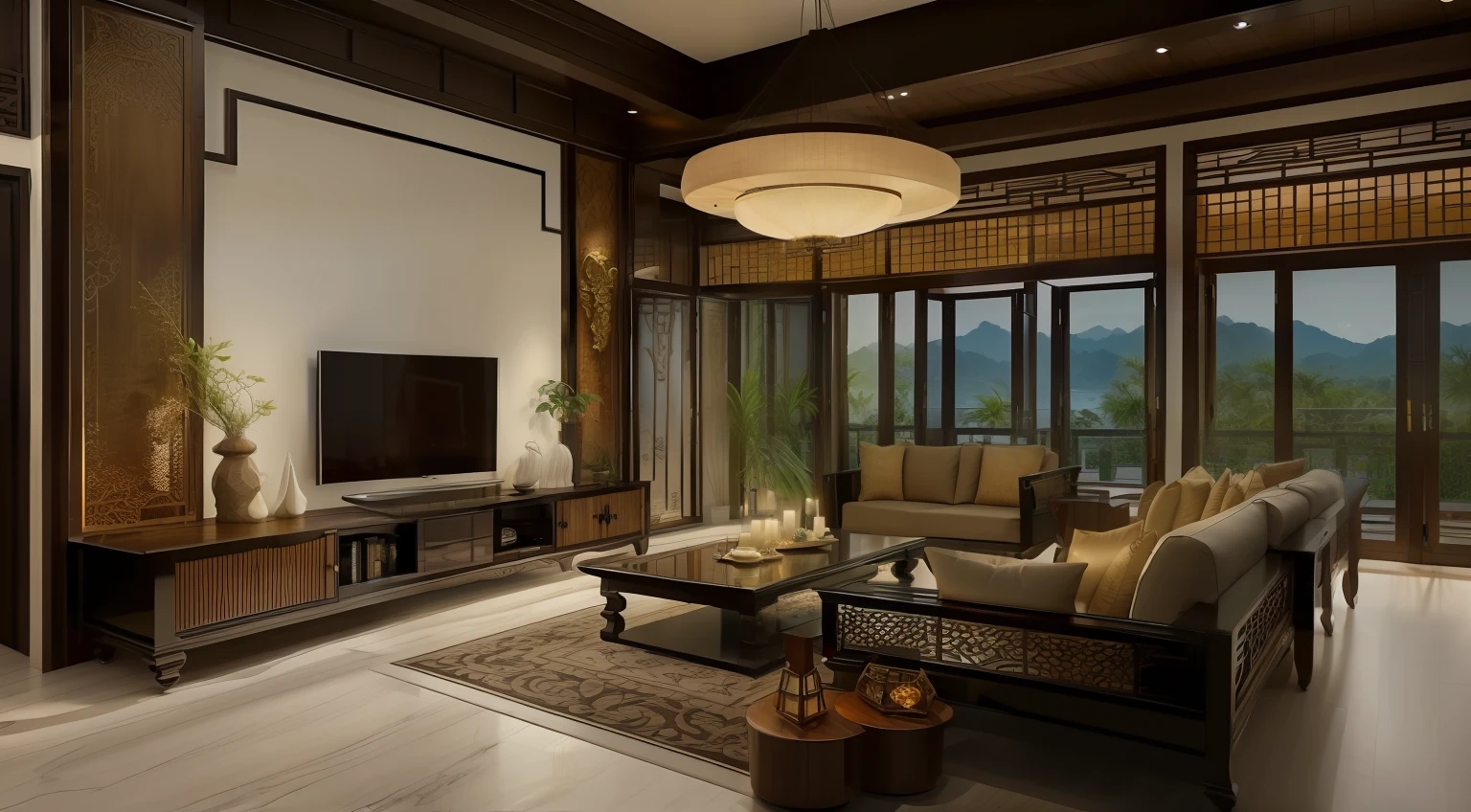 ((Best quality, 8k, Masterpiece :1.3)) (living room indochina BLACK Wood design: 1.3)  glossy black wooden furniture  , sofa , plaster ceiling , glossy mable floor , ink art , wall panel