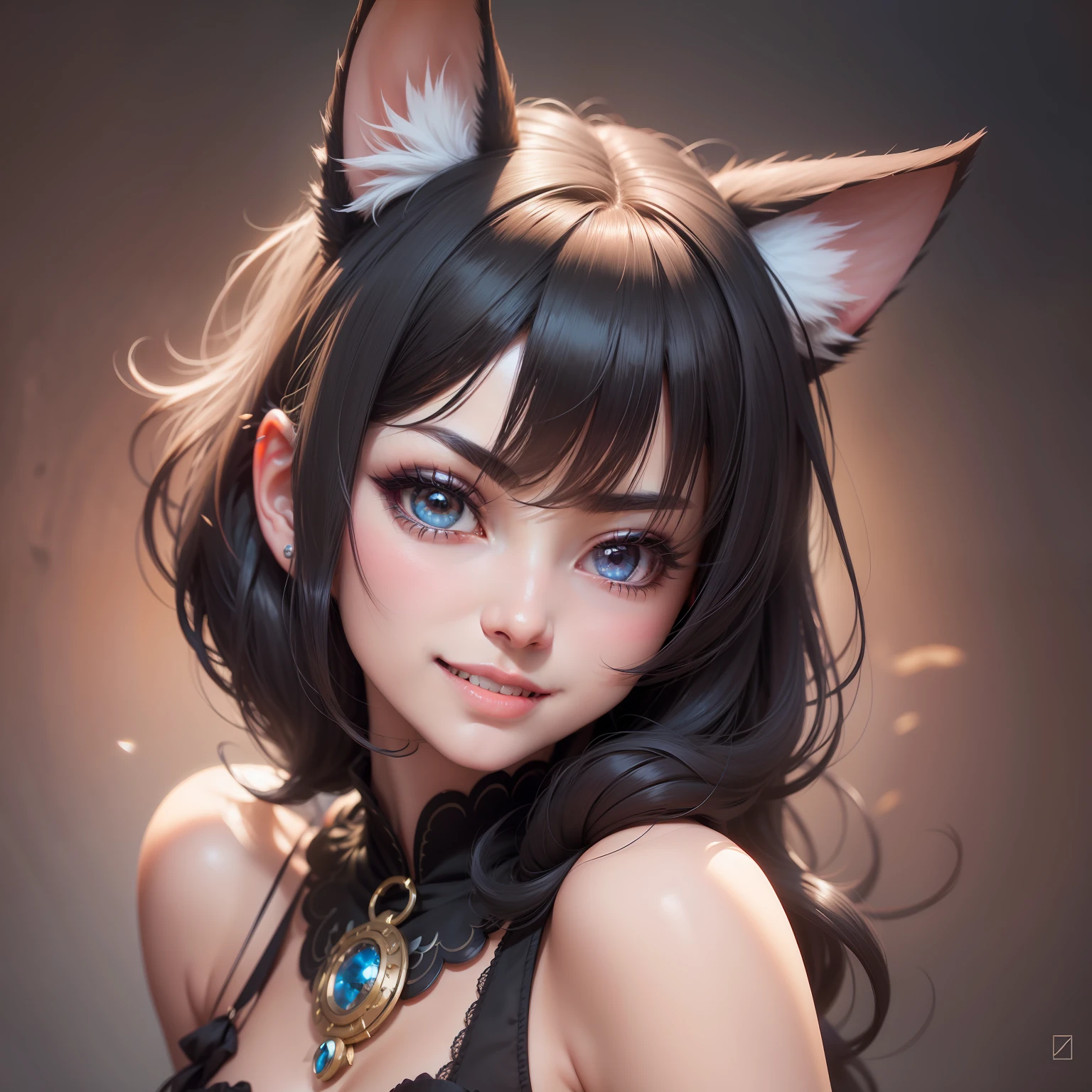 black hair, hair bobbles, wince, longeyelashes, solid circle eyes, fake animal ears, light smile, ear blush, fang, Surrealism, drop shadow, anaglyph, stereogram, tachi-e, pov, atmospheric perspective, 8k, super detail, ccurate, best quality