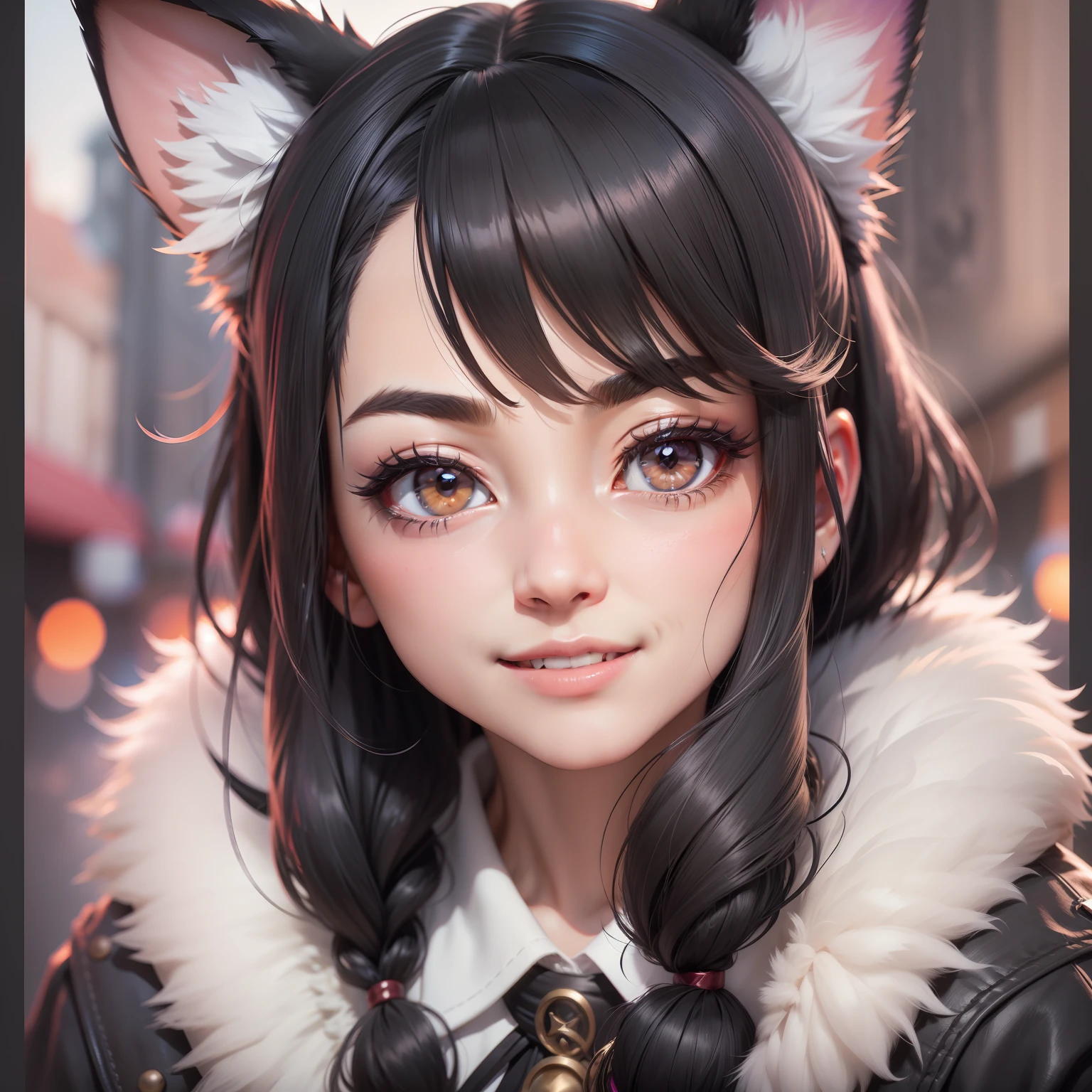 black hair, hair bobbles, wince, longeyelashes, solid circle eyes, fake animal ears, light smile, ear blush, fang, Surrealism, drop shadow, anaglyph, stereogram, tachi-e, pov, atmospheric perspective, 8k, super detail, ccurate, best quality