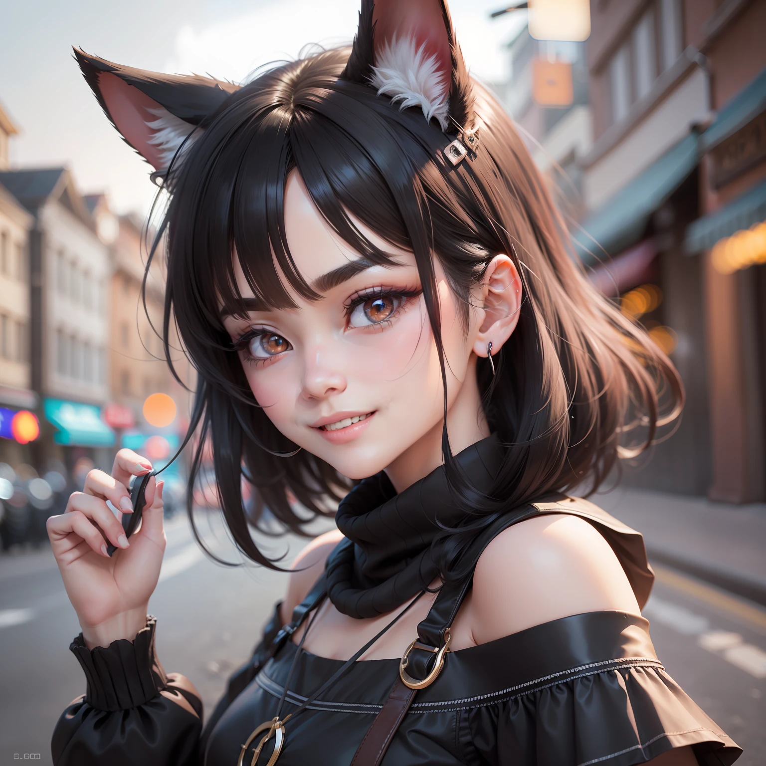 black hair, hair bobbles, wince, longeyelashes, solid circle eyes, fake animal ears, light smile, ear blush, fang, Surrealism, drop shadow, anaglyph, stereogram, tachi-e, pov, atmospheric perspective, 8k, super detail, ccurate, best quality