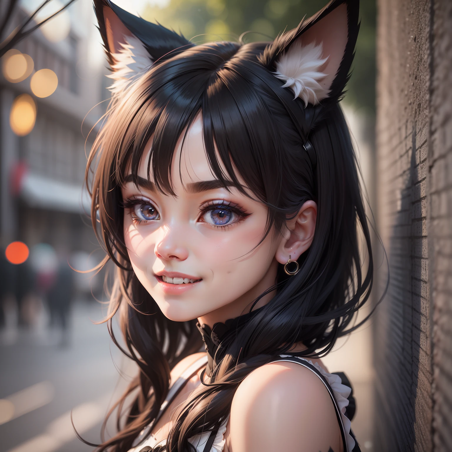 black hair, hair bobbles, wince, longeyelashes, solid circle eyes, fake animal ears, light smile, ear blush, fang, Surrealism, drop shadow, anaglyph, stereogram, tachi-e, pov, atmospheric perspective, 8k, super detail, ccurate, best quality
