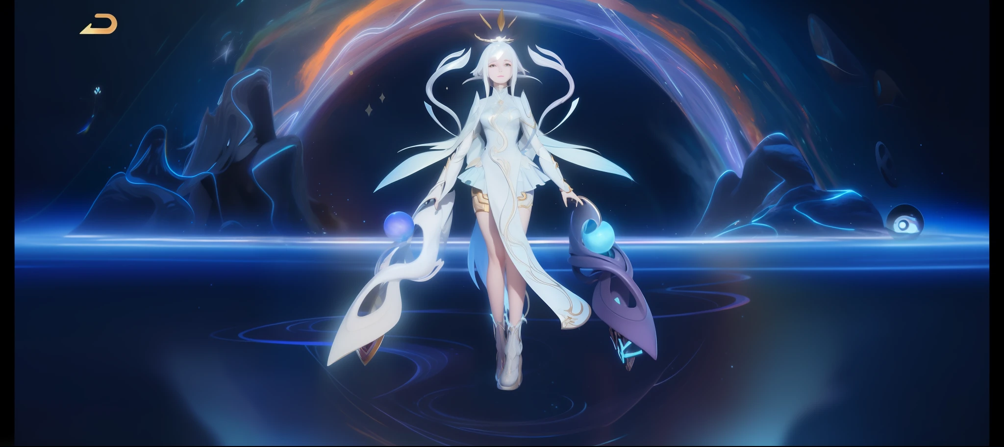 anime girl with long white hair and white dress standing in front of a rainbow, white haired deity, white glowing aura, beautiful celestial mage, goddess of galaxies, goddess of space and time, anime goddess, cyborg goddess in cosmos, simple futurist cyborg empress, goddess of light, astral ethereal, knights of zodiac girl, celestial goddess, goddess of time, lunar goddess