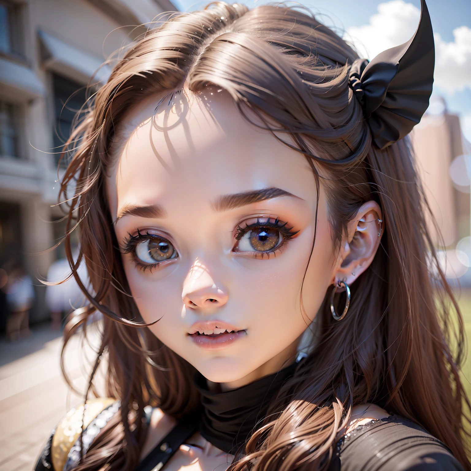 cabelo preto, bolhas de cabelo, estremecer, long eyeslashes, solid circle eyes, rabo de animais falso, sorriso leve, blush de orelha, presa, Surrealismo, sombra projetada, anáglifo, estereograma, tachi-e, pov, atmosphric perspective, 8k, super detalhe, preciso , melhor qualidade