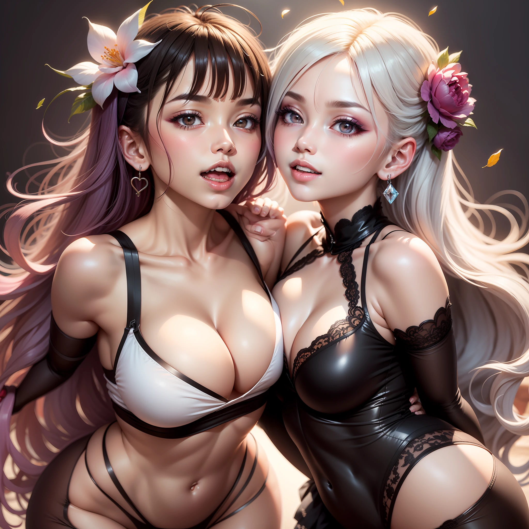 Best quality,Amazing,Masterpiece,Delicate,超高分辨率,Ultra detailed,intricately details,Beautiful detailed,8K resolution,(Extremely detailed Cg Unity 8K wallpaper),Sharp focus,((No text)),breast conscious,gigantic cleavage breasts,Areola Slip,Covered,Bursting breasts,Lively breasts,framed breasts,High transparency and transparency of ripped bikini，，Tongue stock,Makeup,Happy,Reflectors,ahegao,Pink eyes,Heart earrings,2girls,Female pervert,view the viewer,hair flower,Long hair,multicolored hair,Shiny hair,Barefoot,Bottomless,Thick thighs,Bare legs,Look at each other from the front、((Feminine kiss))、(((French kiss for women)))、Women hugging each other，As if pushing each other、Staring at each other、Moist eyes、half-open lips、Beautiful、Red blush(0.2)、Functional、seductiv、Trance、instigate、Beauty、bustup、Shunguang、、Shoot diagonally down from the front、precise drawing、Detailed drawing、Precise anatomy、