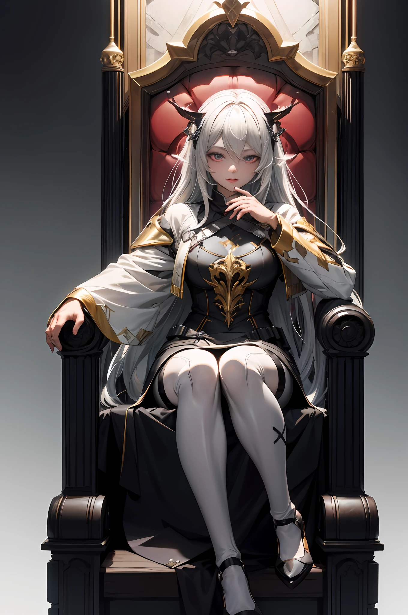 Anime characters sit on thrones，Huge black bell building in the back Best anime 4k konacha wallpaper, From Arknights, trending on artstation pixiv, White-haired god, Portrait knight of girls, sitting in a gilded throne, Guweiz on ArtStation Pixiv, Guweiz in Pixiv ArtStation, Kushatt Krenz Key Art Women，White hair, Silver hair, Gradient hair, Blonde hair, Chiaroscuro, Cinematic lighting, Motion blur, Ray tracing, god light, image fill, cubismo, Verism, High detail, vanishing point, The lens is far away, in a panoramic view, Sony FE GM, hyper HD, Masterpiece, retinas, Masterpiece, Anatomically correct, Textured skin, High details, Award-Awarded, A high resolution, Best quality, High quality, Super detail