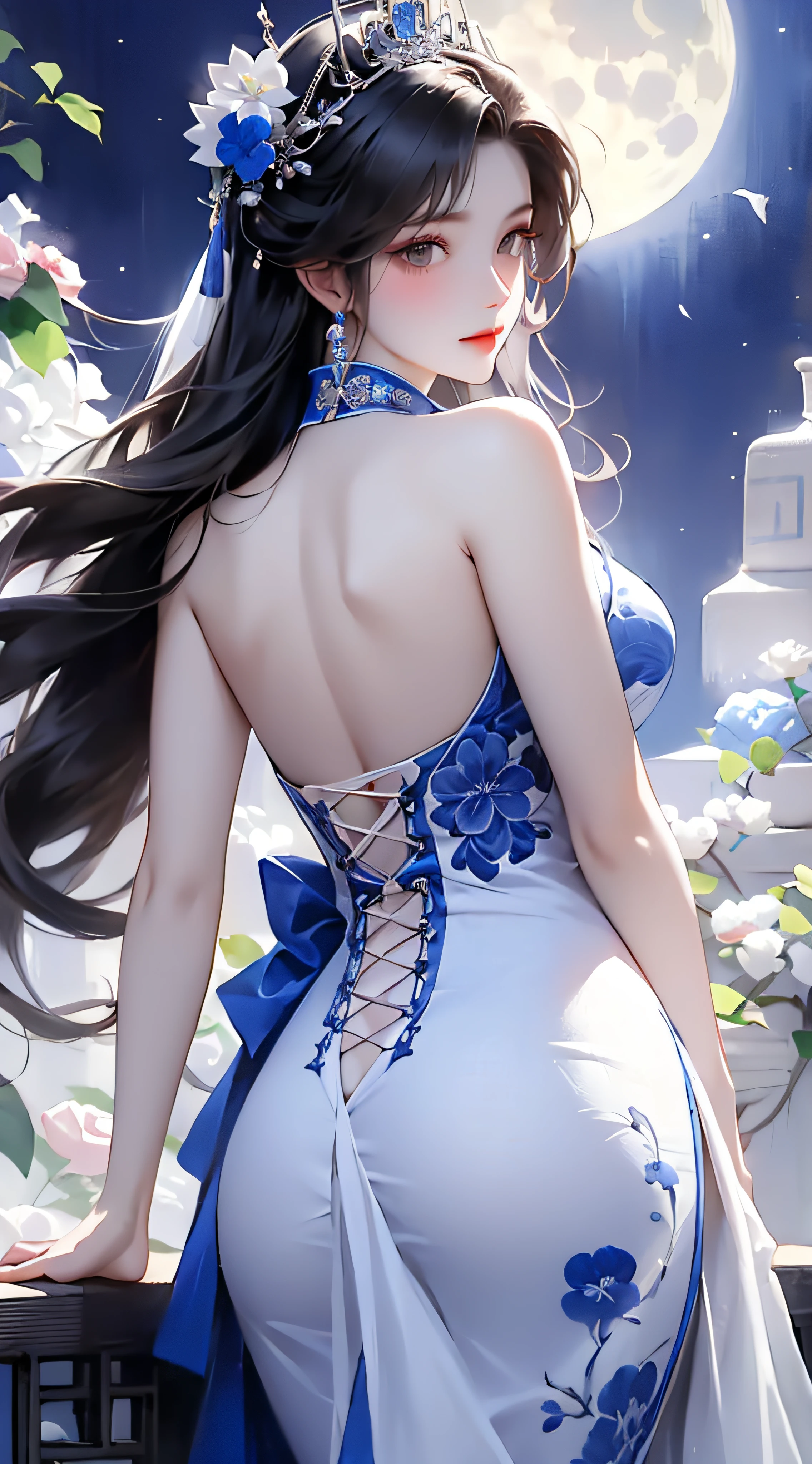 tmasterpiece,best qualtiy,8K,primitive:1.2,realisticlying:1.4,Grotesque,1 Role,Solo,ff Tifa,Most detailed,opens his eyes wide:1.3,eyes reflection:1.5,eyes with brightness:1.5,White skin,(Chinese cheongsam in blue and flowers,side splits,(((lace-up))),Chinese tiara,Blue and white porcelain),Plum print,Slim,Thin leg,Hunched back,Cocked buttocks,Armpits,Moon,Updraft,rays of moonlight,Beautiful ancient Chinese architecture,Chinese style,(back)