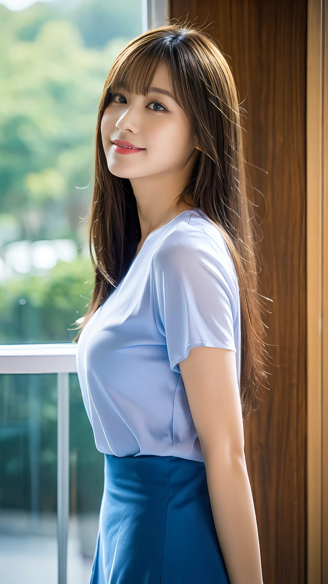 one-girl,Big crystal clear blue eyes、platinum blond hair、Long straight hair、Silky hair、bangs between eyes、ssmile,Silk short sleeve long skirt、with fair skin、perfect bodies,In front of the window,Backshot,telephoto lenses