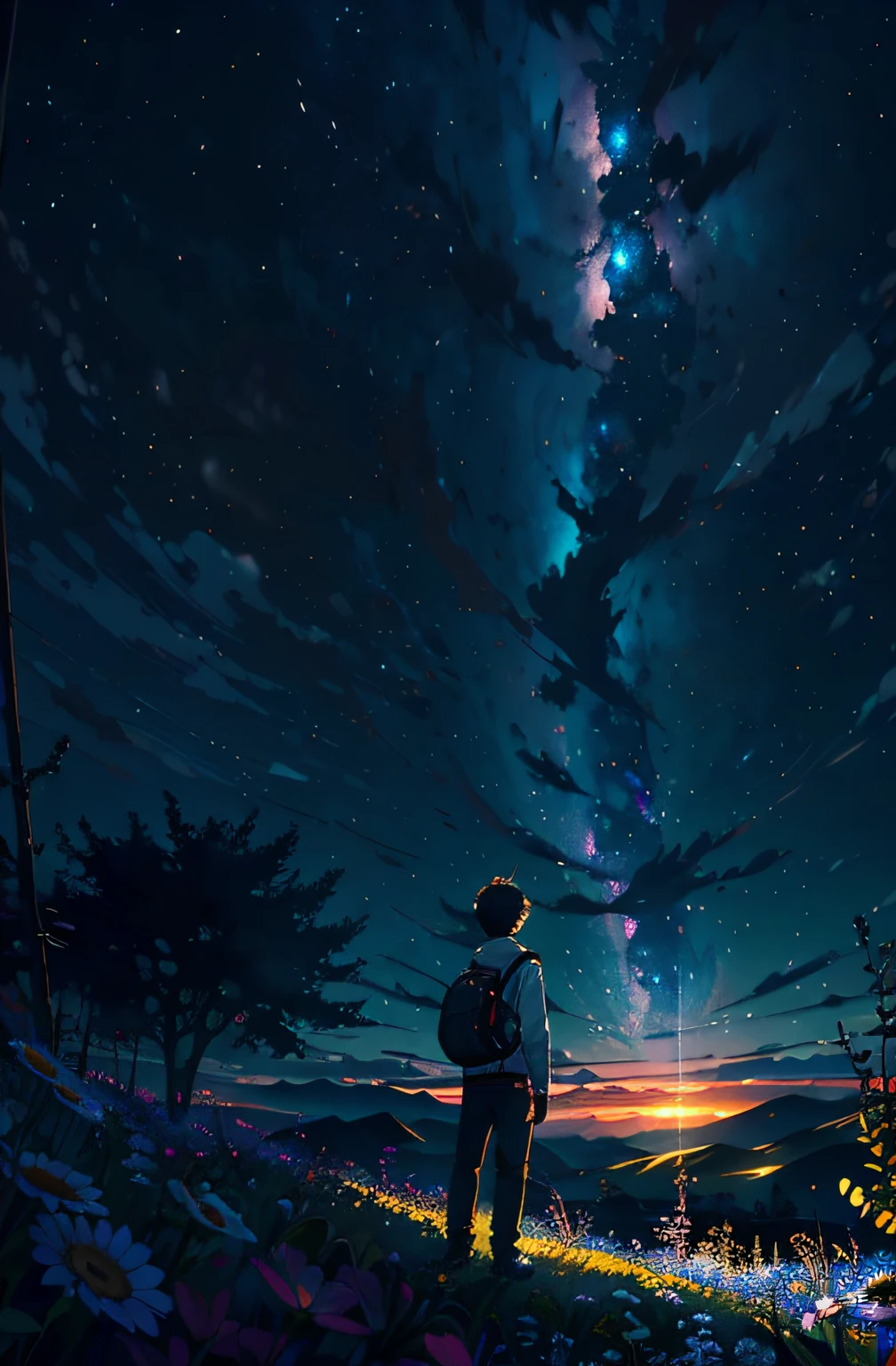 Expansive landscape photograph，（look from down，Above is the sky，Below are open fields），A boy standing on a flower field looking up，（suns：1.2），，Far Mountain, Tree BREAK making art，（Warm light source：1.2），lamp lights，Lots of transparent yellow and white blue，Complicated details，Volumetric lighting BREAK（tmasterpiece：1.2），（best qualtiy），4K，ultra - detailed，（dynamic compositions：1.4），detail-rich，plethora of colors，（Irridescent color：1.2），（with light glowing，Atmospheric lighting），dream magical，magical，（独奏：1.2）