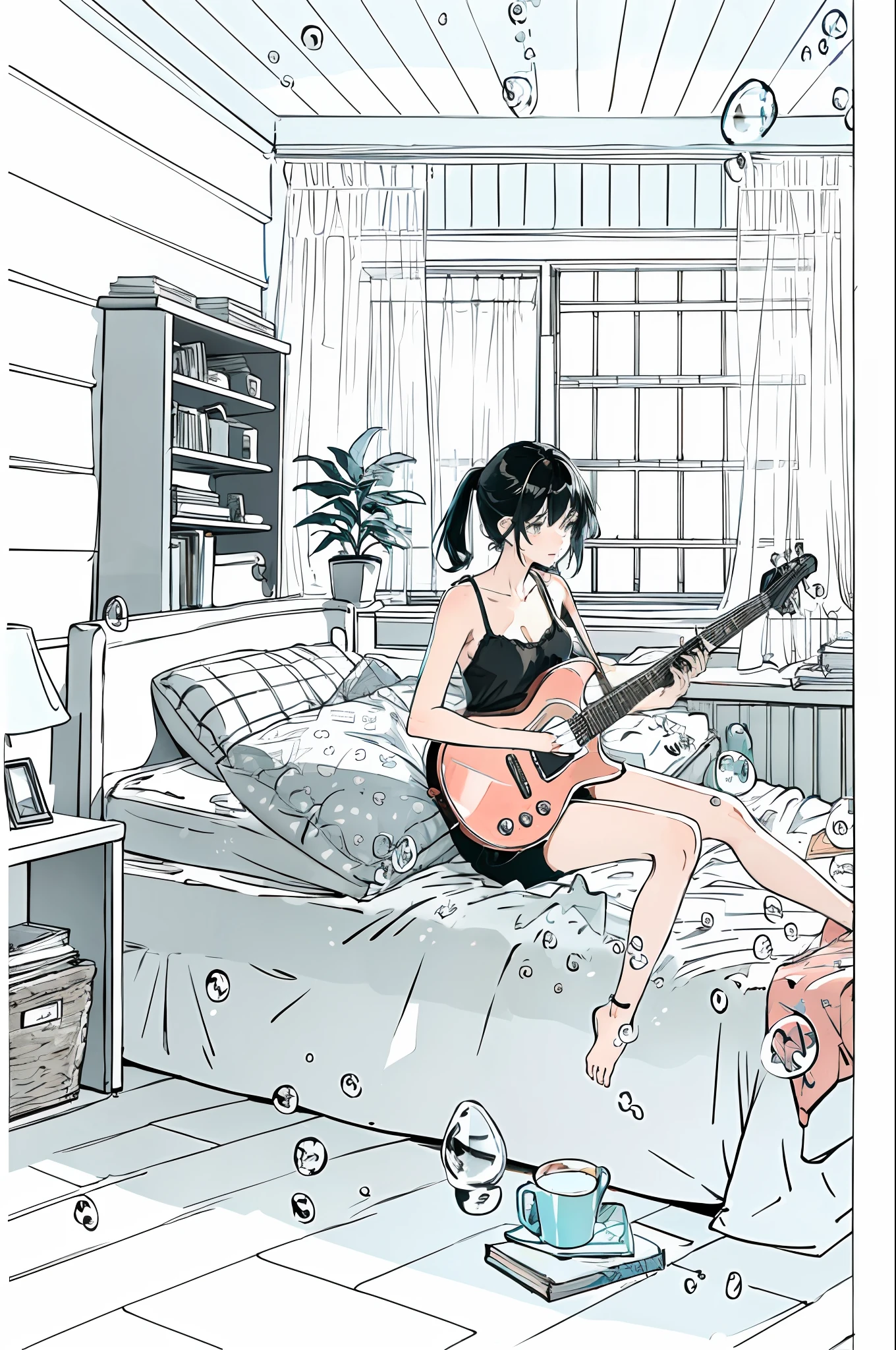 lineart,
1girl, 独奏, black hair, holding, sitting, pony tail, Shorts, Indoors, pouch, a cup, book, Window, bed, chair, phone, stuffed toy, Scarecrow, plant, Curtains, instrument, a table, camisole, fish, bubble, undersea, watch, Guitar, air bubble, bed room, shelf, calendar (object), coral,