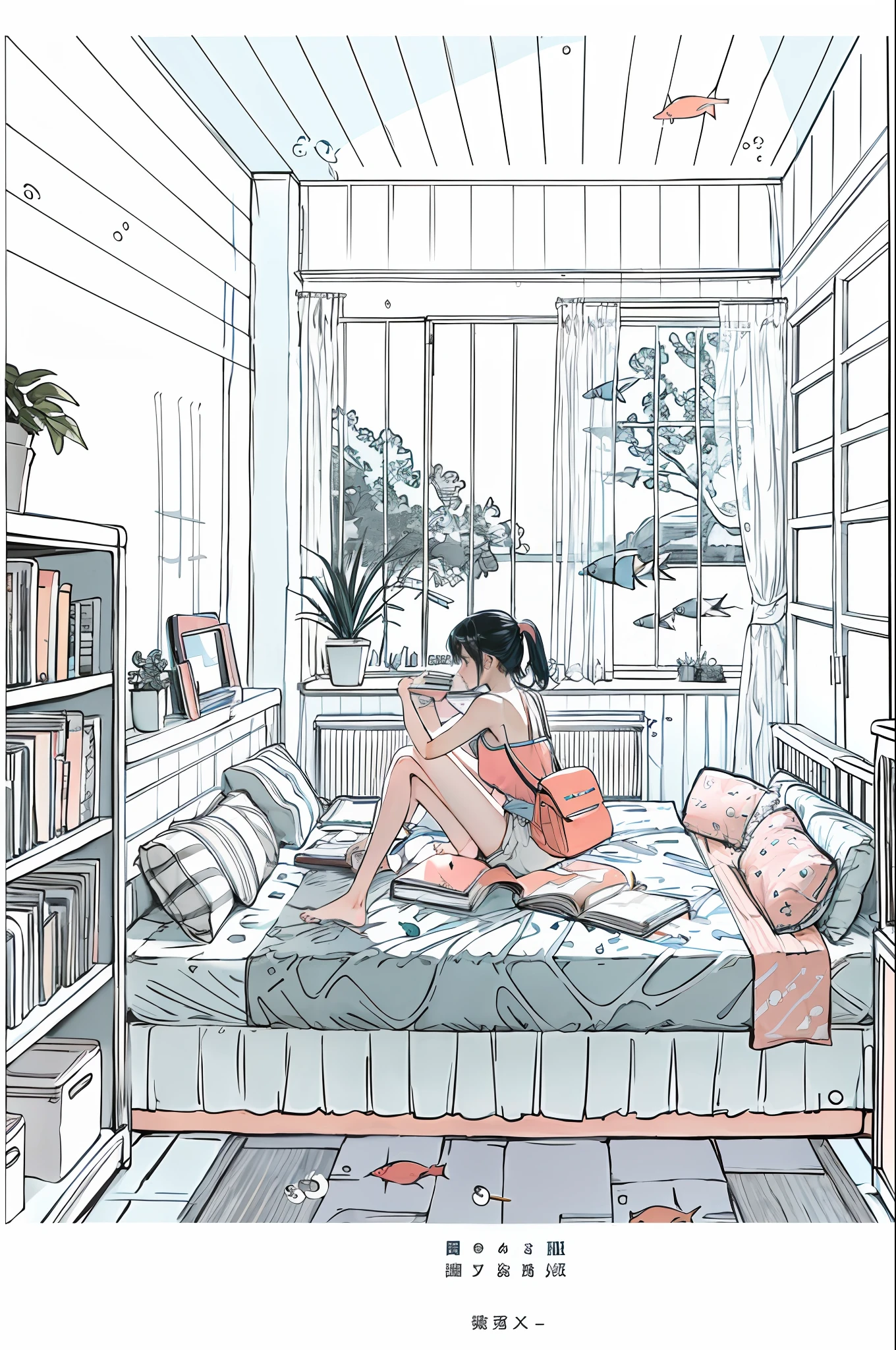 lineart,
1girl, 独奏, black hair, holding, sitting, pony tail, Shorts, Indoors, pouch, a cup, book, Window, bed, chair, phone, stuffed toy, Scarecrow, plant, Curtains, instrument, a table, camisole, fish, bubble, undersea, watch, Guitar, air bubble, bed room, shelf, calendar (object), coral,