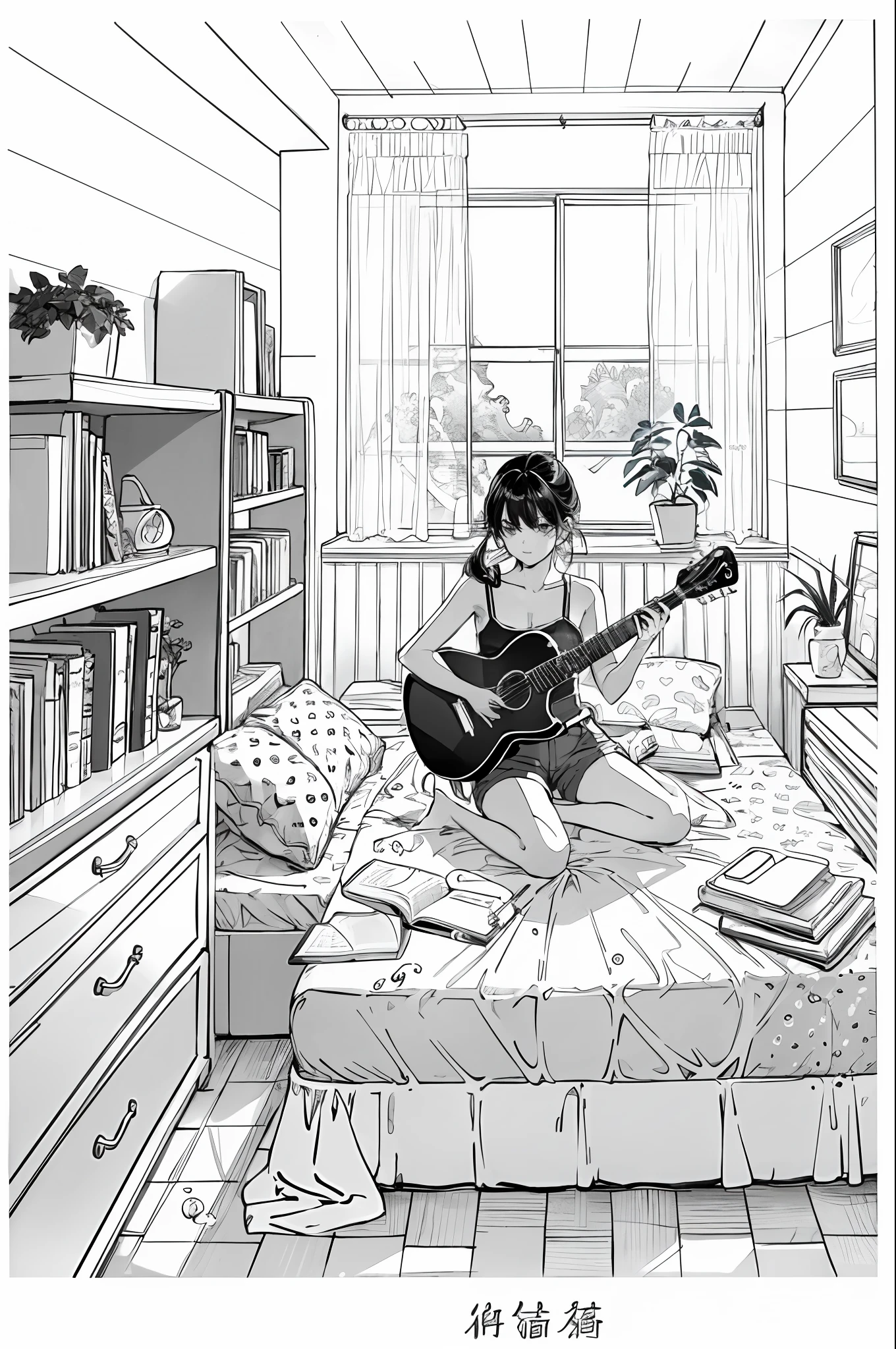 lineart,
1girl, 独奏, black hair, holding, sitting, pony tail, Shorts, Indoors, pouch, a cup, book, Window, bed, chair, phone, stuffed toy, Scarecrow, plant, Curtains, instrument, a table, camisole, fish, bubble, undersea, watch, Guitar, air bubble, bed room, shelf, calendar (object), coral,