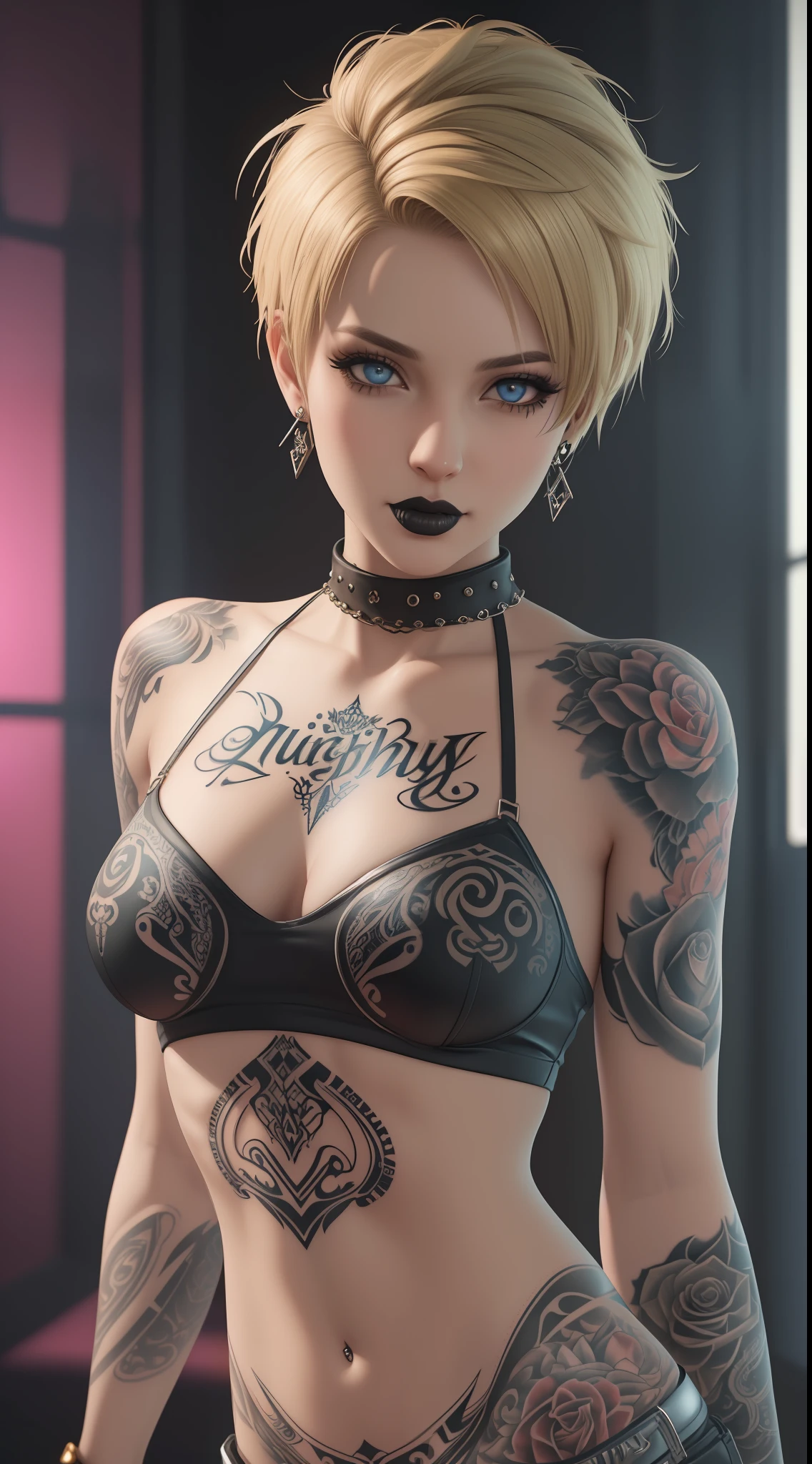 A highly detailed picture of a beautifully tattooed woman, (((the word Naughty tattooed on midriff, in calligraphy font))),  posing seductively, short blonde hair, shaved sides, pixie cut, petite, small chest, black eyeliner, black lipstick, piercing blue eyes, detailed eyes, ultra detailed, tattoos, Beauty written in tattoo, (punk outfit, skimpy, revealing), photorealistic, god rays, bright light, colorful, digital art, highly detailed, fine detail, intricate, ornate, complex, octane render, unreal engine, photorealistic, 8k, 16k,
