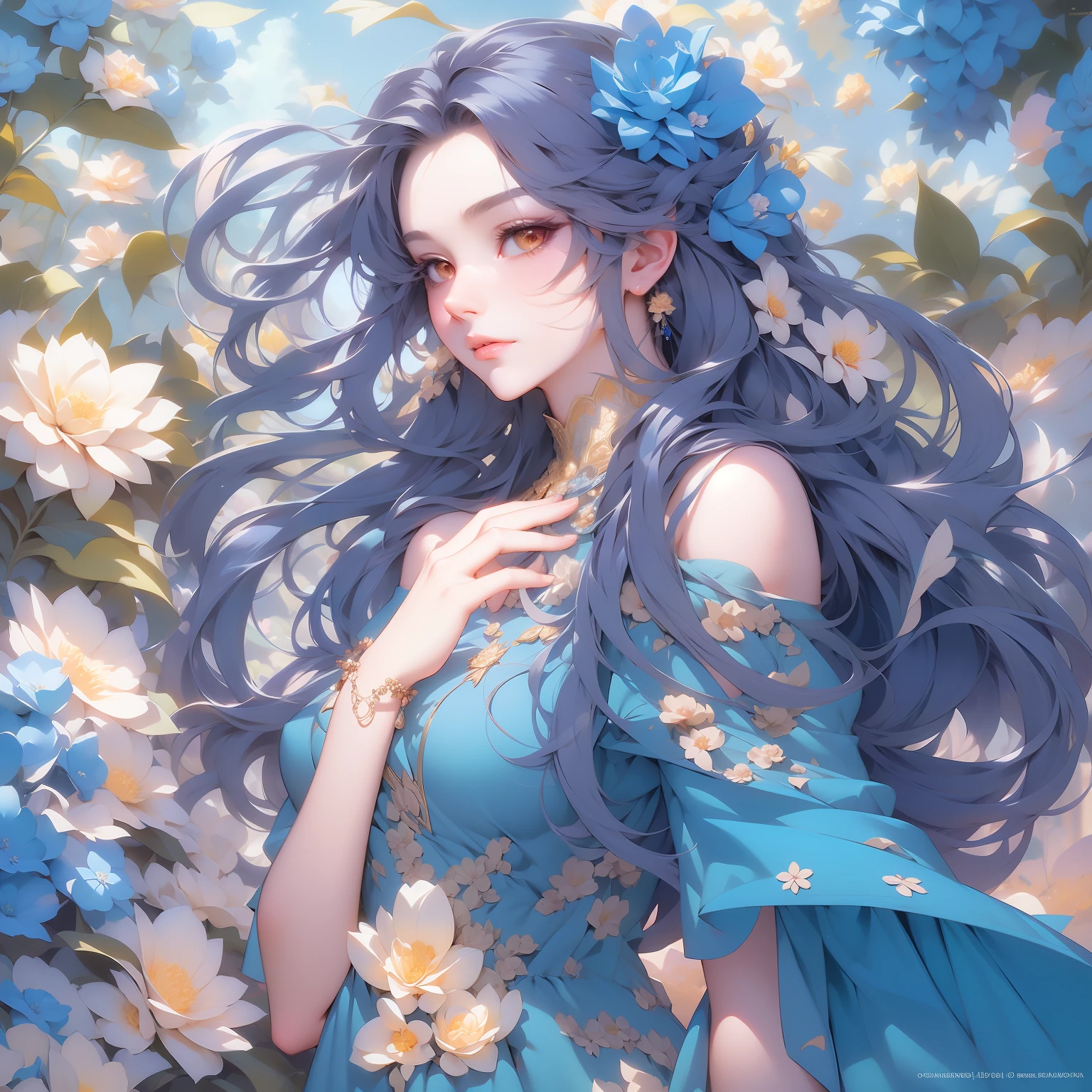 A woman with long hair and a blue dress stands in front of a flower background., Detailed Digital Anime Art, fantasy art style, anime fantasy illustration, highly detailed exquisite fanart, Trends on Artstation Pixiv, Alphonse Mucha and Rossdraws, Digital art on PIXIV, detailed fanart, digital anime illustration, Beautiful anime artwork, anime fantasy artwork, Art Nouveau Anime
