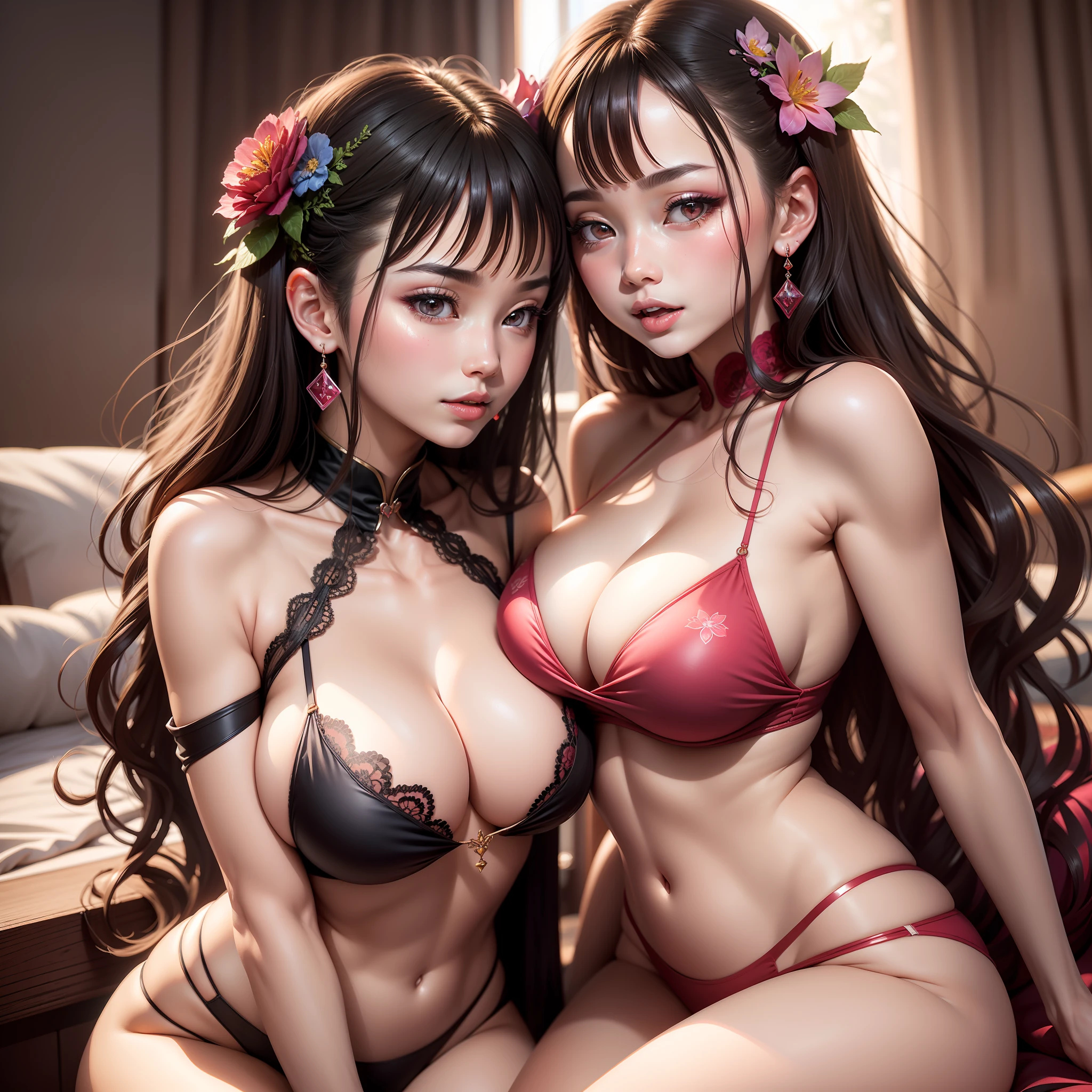 Best quality,Amazing,Masterpiece,Delicate,超高分辨率,Ultra detailed,intricately details,Beautiful detailed,8K resolution,(Extremely detailed Cg Unity 8K wallpaper),Sharp focus,((No text)),breast conscious,gigantic cleavage breasts,Areola Slip,Covered,Bursting breasts,Lively breasts,framed breasts,High transparency and transparency of slipped bikinis,,Tongue stock,Makeup,Happy,Reflectors,ahegao,Pink eyes,Heart earrings,2girls,Female pervert,view the viewer,hair flower,Long hair,multicolored hair,Shiny hair,Barefoot,Bottomless,Thick thighs,Bare legs,Look at each other from the front、((Feminine kiss))、(((French kiss for women)))、Women hugging each other,As if pushing each other、Staring at each other、Moist eyes、half-open lips、Beautiful、Red blush(0.2)、Functional、seductiv、Trance、instigate、Beauty、bustup、Shunguang、、Shoot diagonally down from the front、precise drawing、Detailed drawing、Precise anatomy、