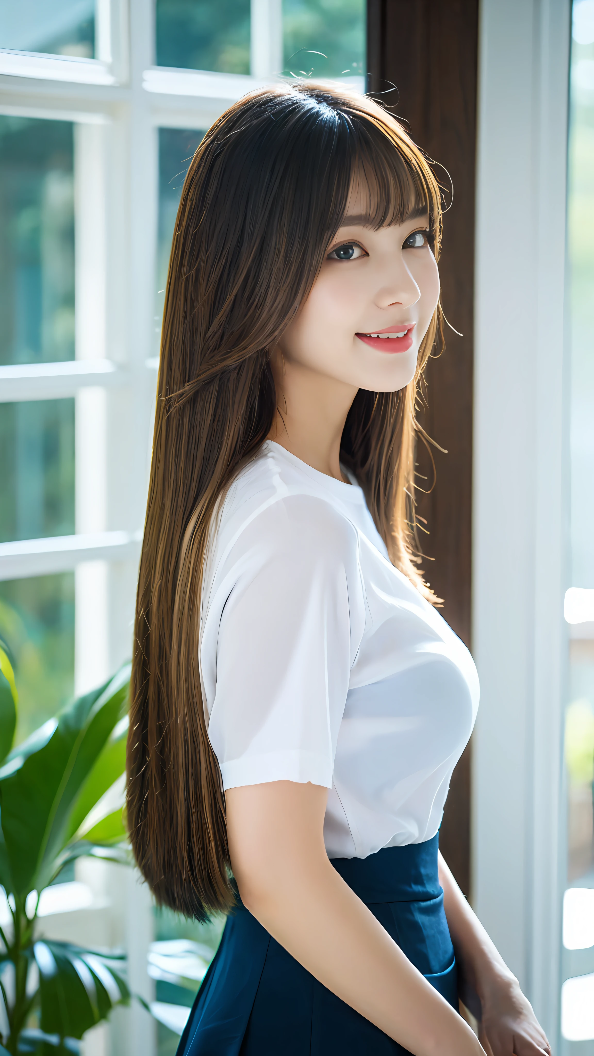 one-girl,Big crystal clear blue eyes、platinum blond hair、Long straight hair、Silky hair、bangs between eyes、ssmile,Silk short sleeve long skirt、with fair skin、perfect bodies,In front of the window,Backshot,telephoto lenses