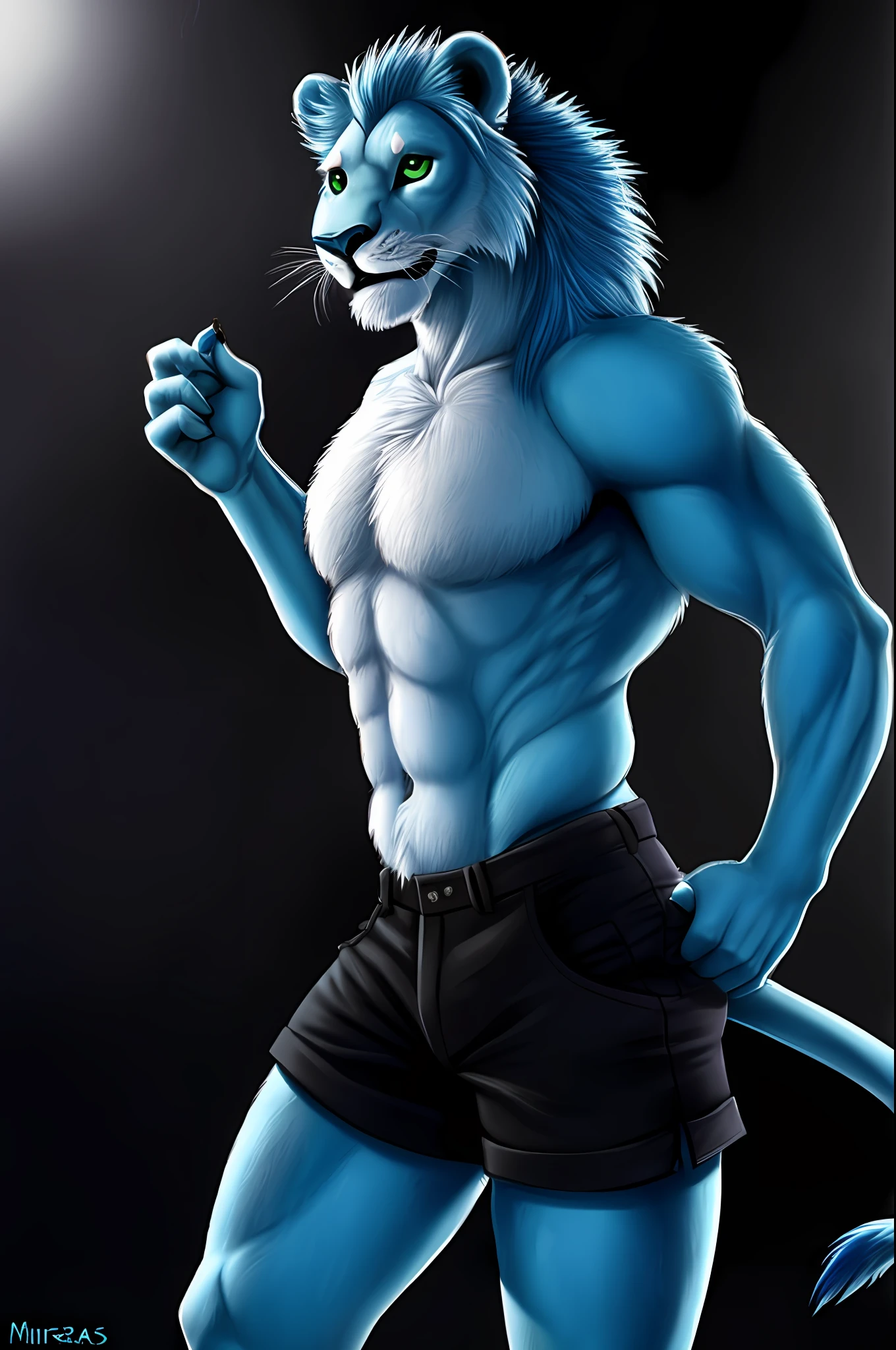 An anthropomorphic blue lion with green eyes, melena azul oscuro (alrededor del cuello), cuerpo azul, garras azules, ojos azules, pelaje azul, nariz azul, garras, pelaje, fondo degradado, feliz, head tuft, mirando al espectador, boca abierta, sonrisa abierta, shorts negros, pose sexy